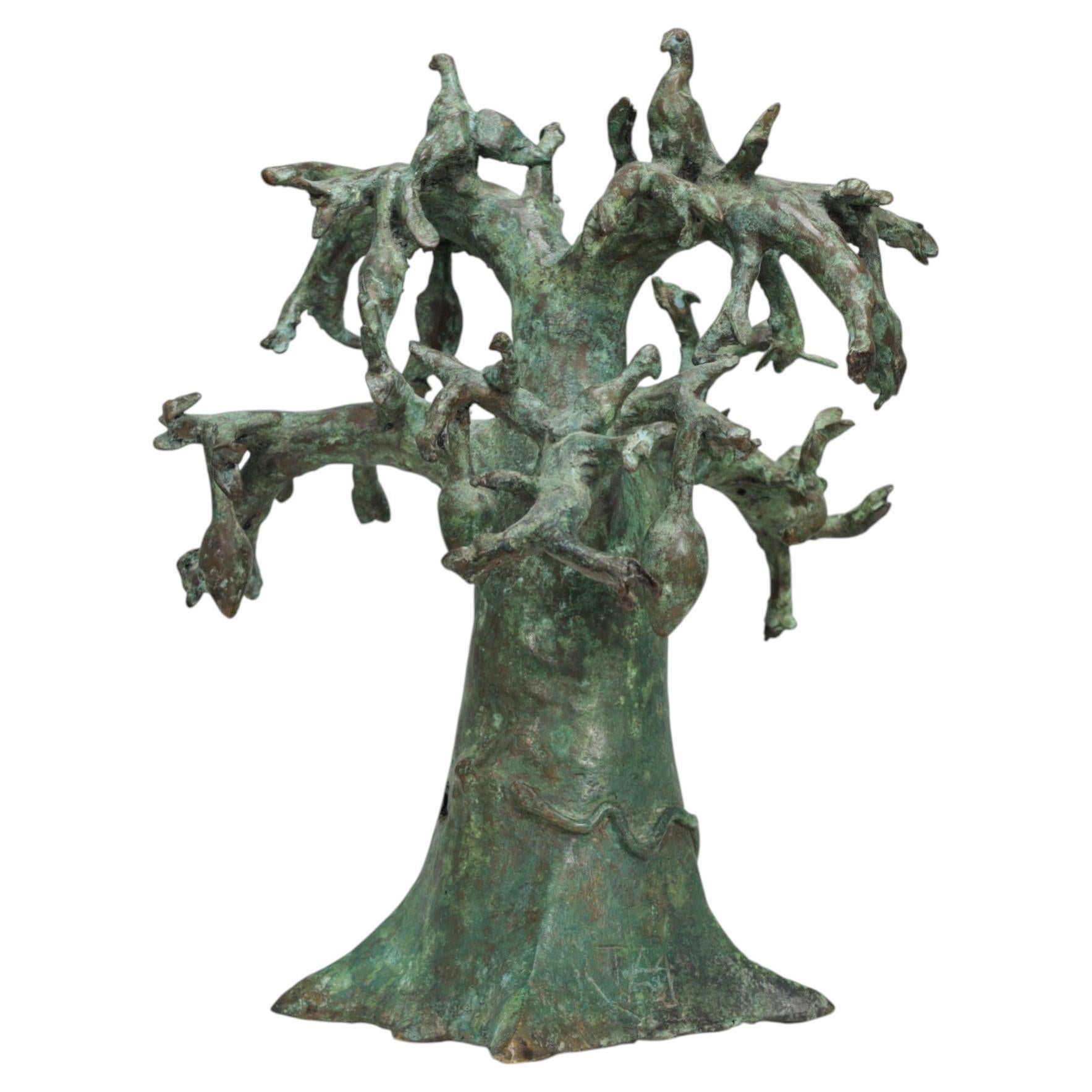 Patinated Bronze Baobab Tree Sculpture with Birds, Signed TM, 1980s