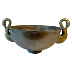 French Art Deo Patinated Bronze Bowl with Swan Handles Flanking Sides