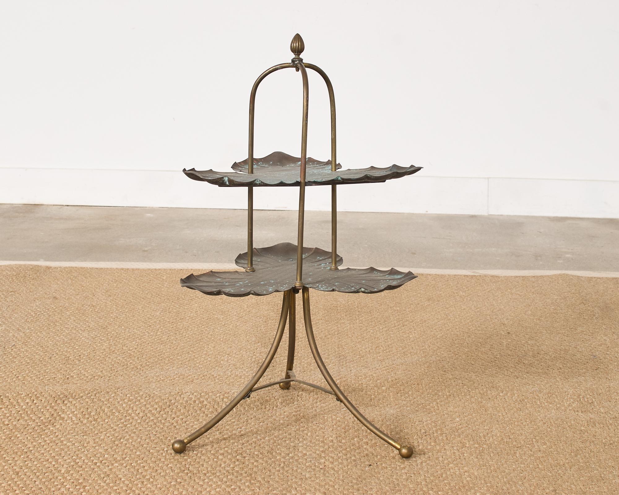 Rustic Patinated Bronze Brass Lotus Leaf Tiered Dessert Stand  For Sale