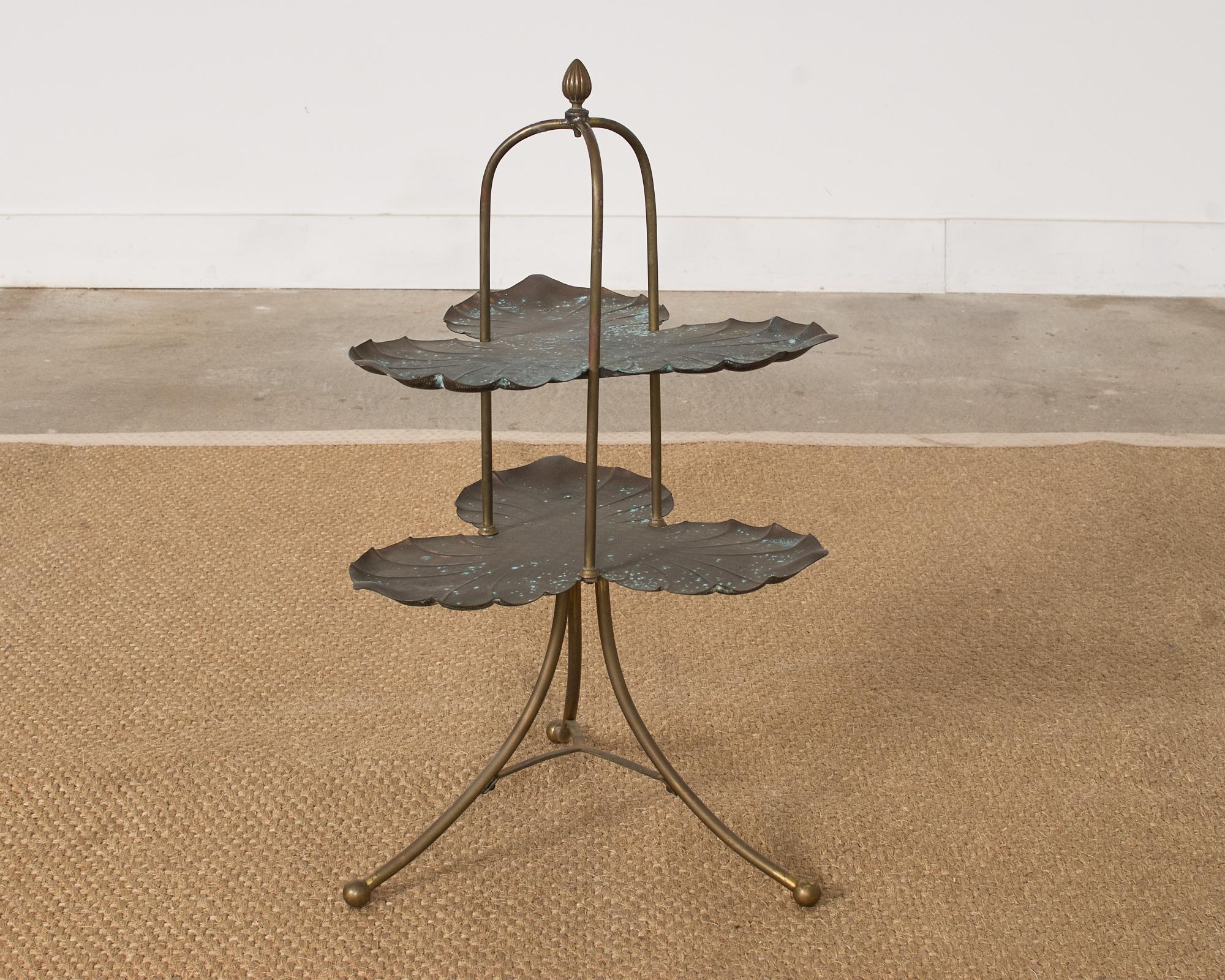 20th Century Patinated Bronze Brass Lotus Leaf Tiered Dessert Stand  For Sale