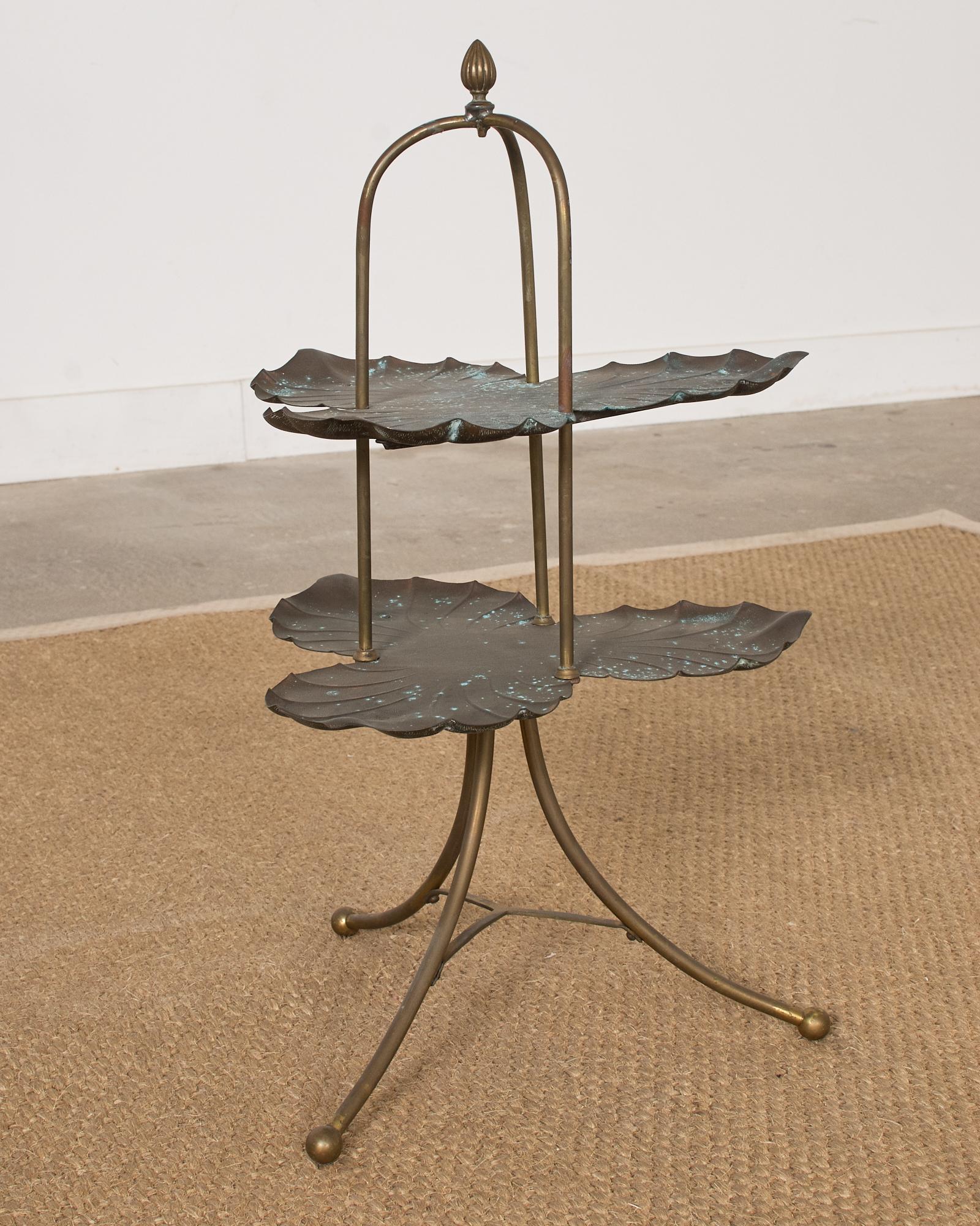 Patinated Bronze Brass Lotus Leaf Tiered Dessert Stand  For Sale 1