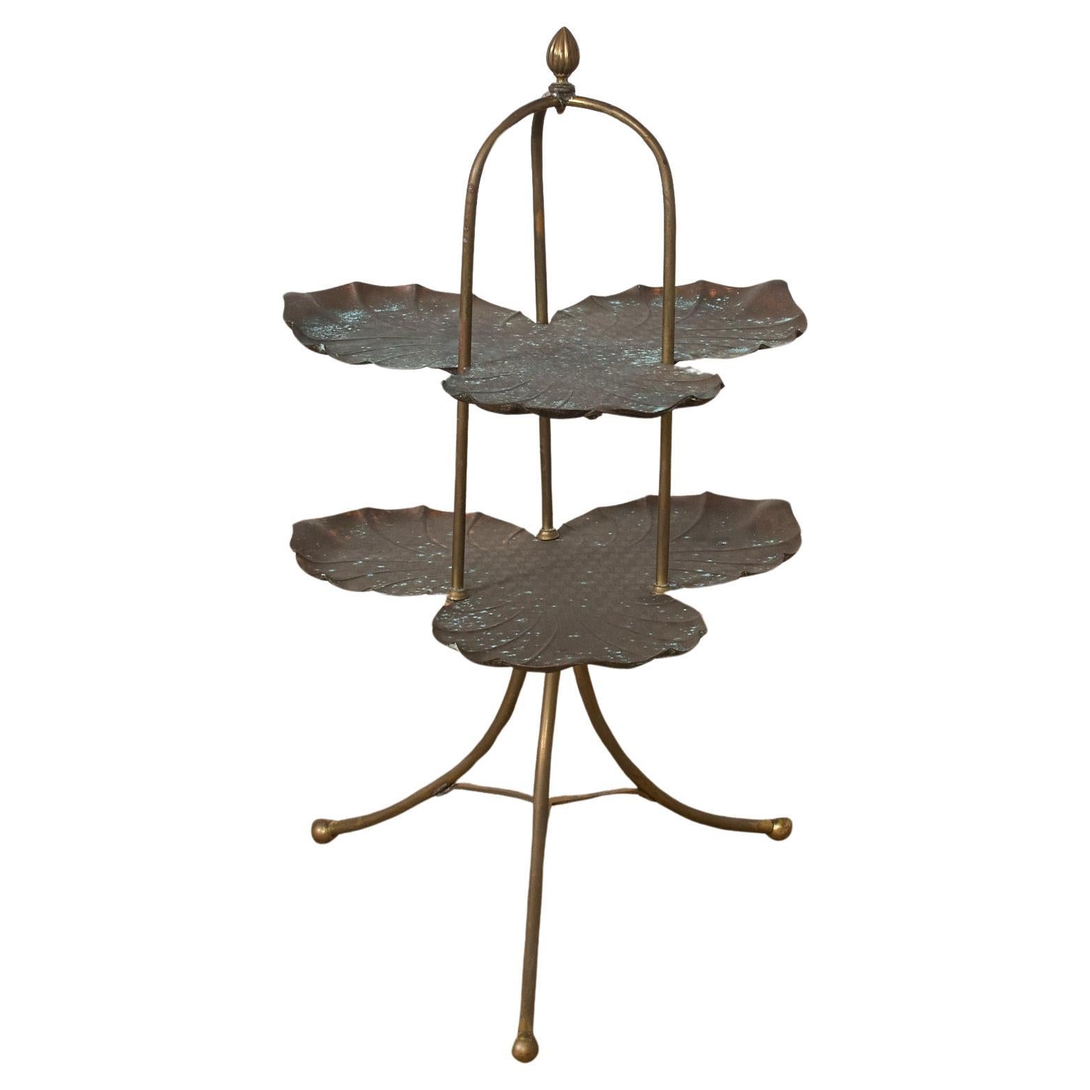Patinated Bronze Brass Lotus Leaf Tiered Dessert Stand  For Sale