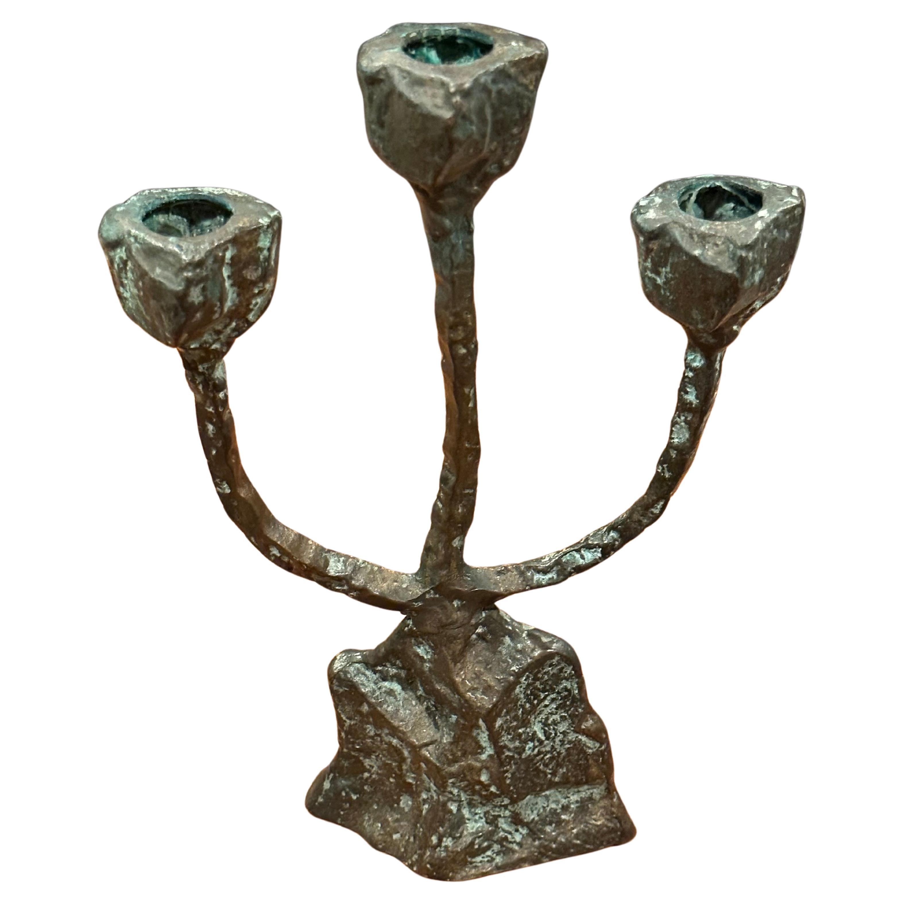 Patinated Bronze Brutalist Triple Candelabra in the Style of Paul Evans 5