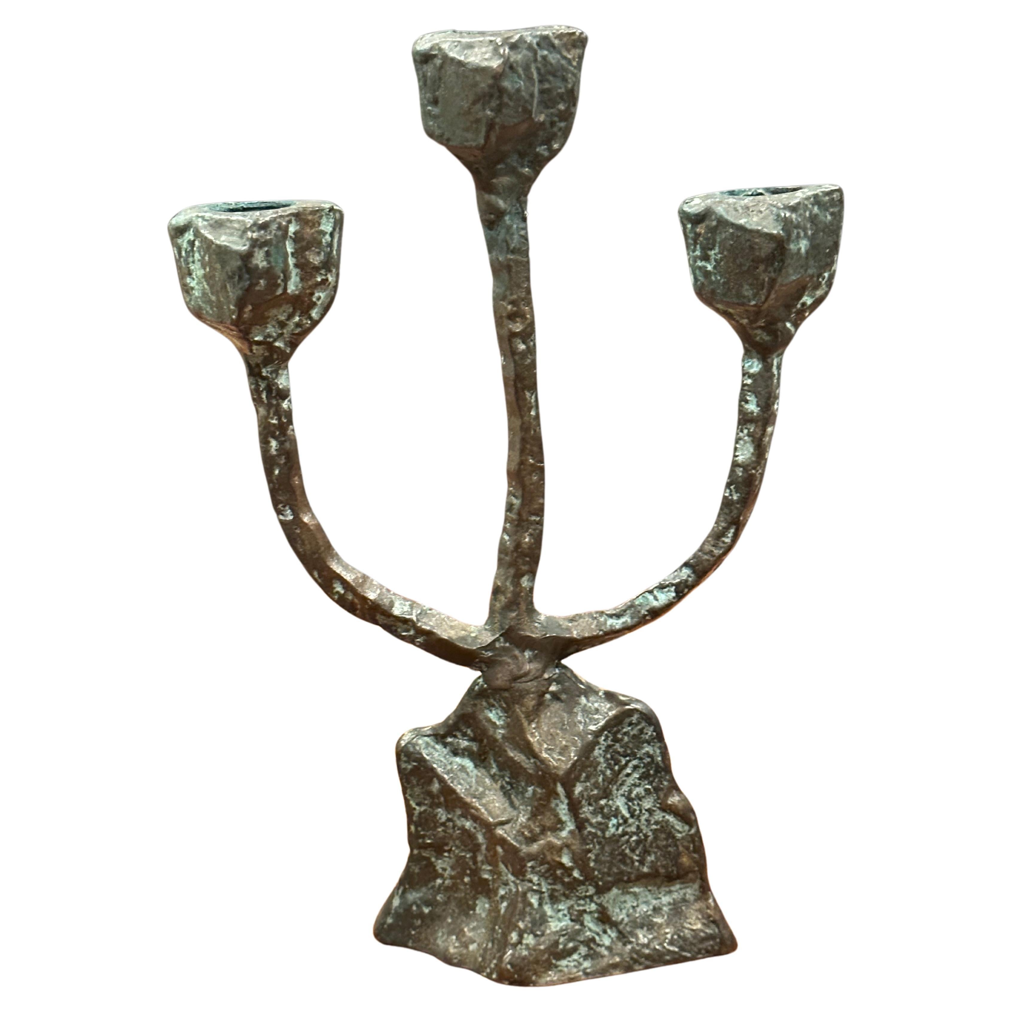 American Patinated Bronze Brutalist Triple Candelabra in the Style of Paul Evans