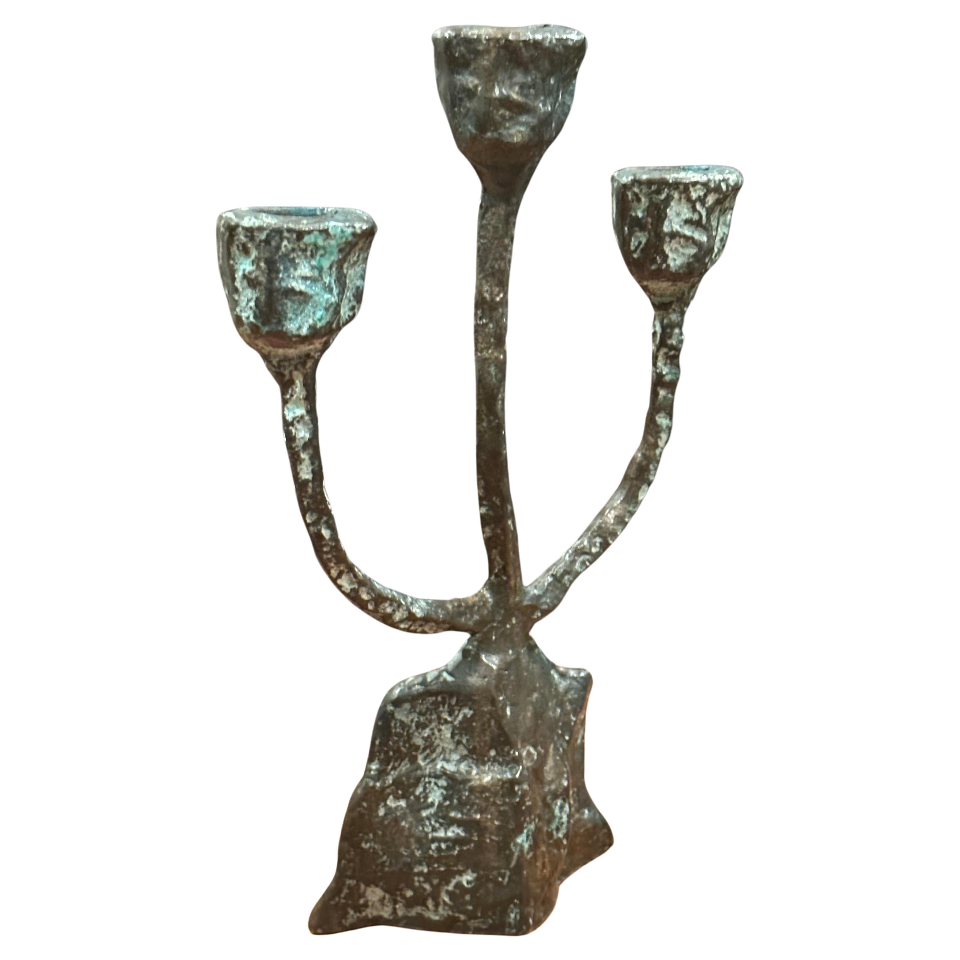 Patinated Bronze Brutalist Triple Candelabra in the Style of Paul Evans In Good Condition In San Diego, CA