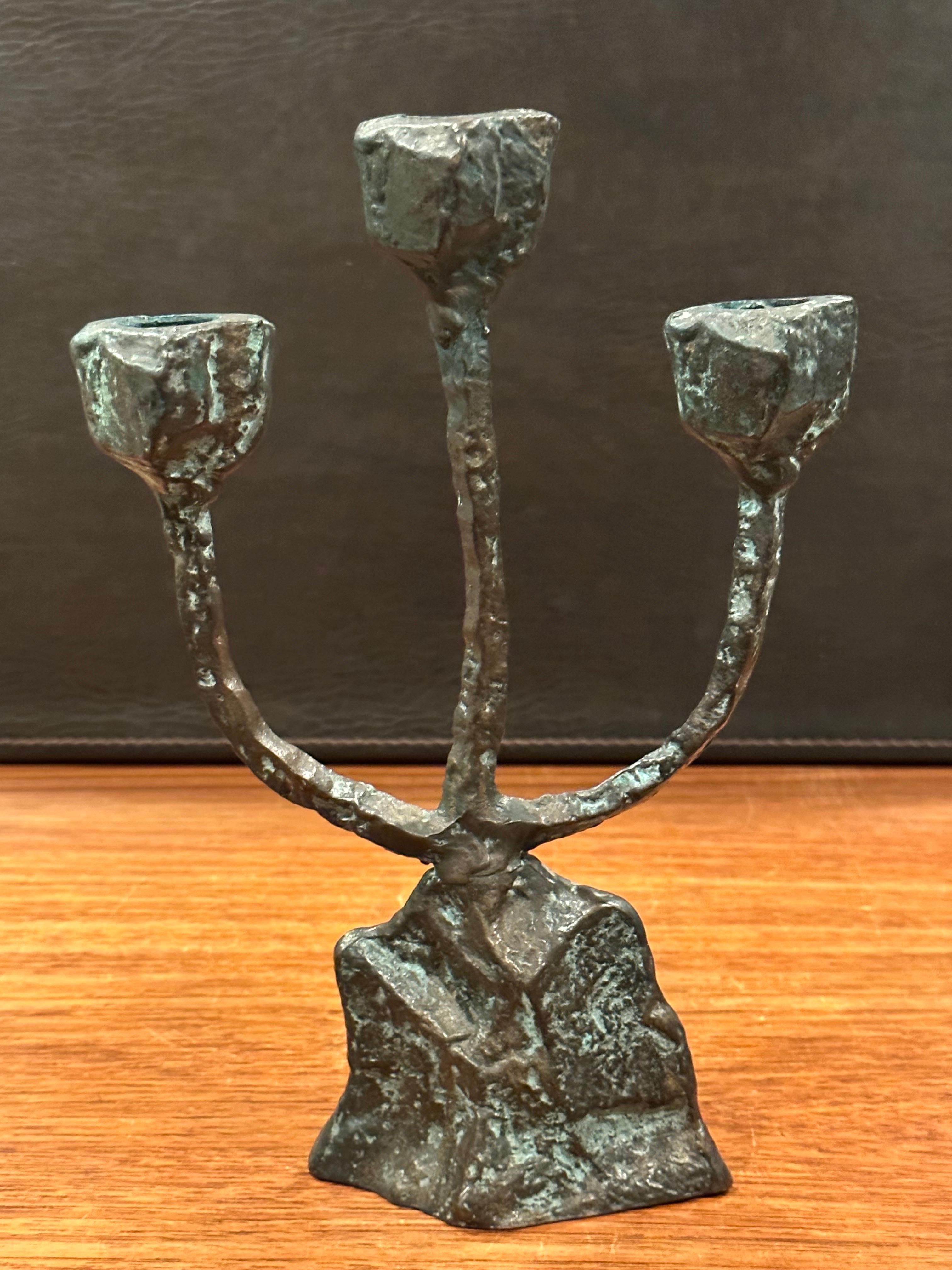 20th Century Patinated Bronze Brutalist Triple Candelabra in the Style of Paul Evans
