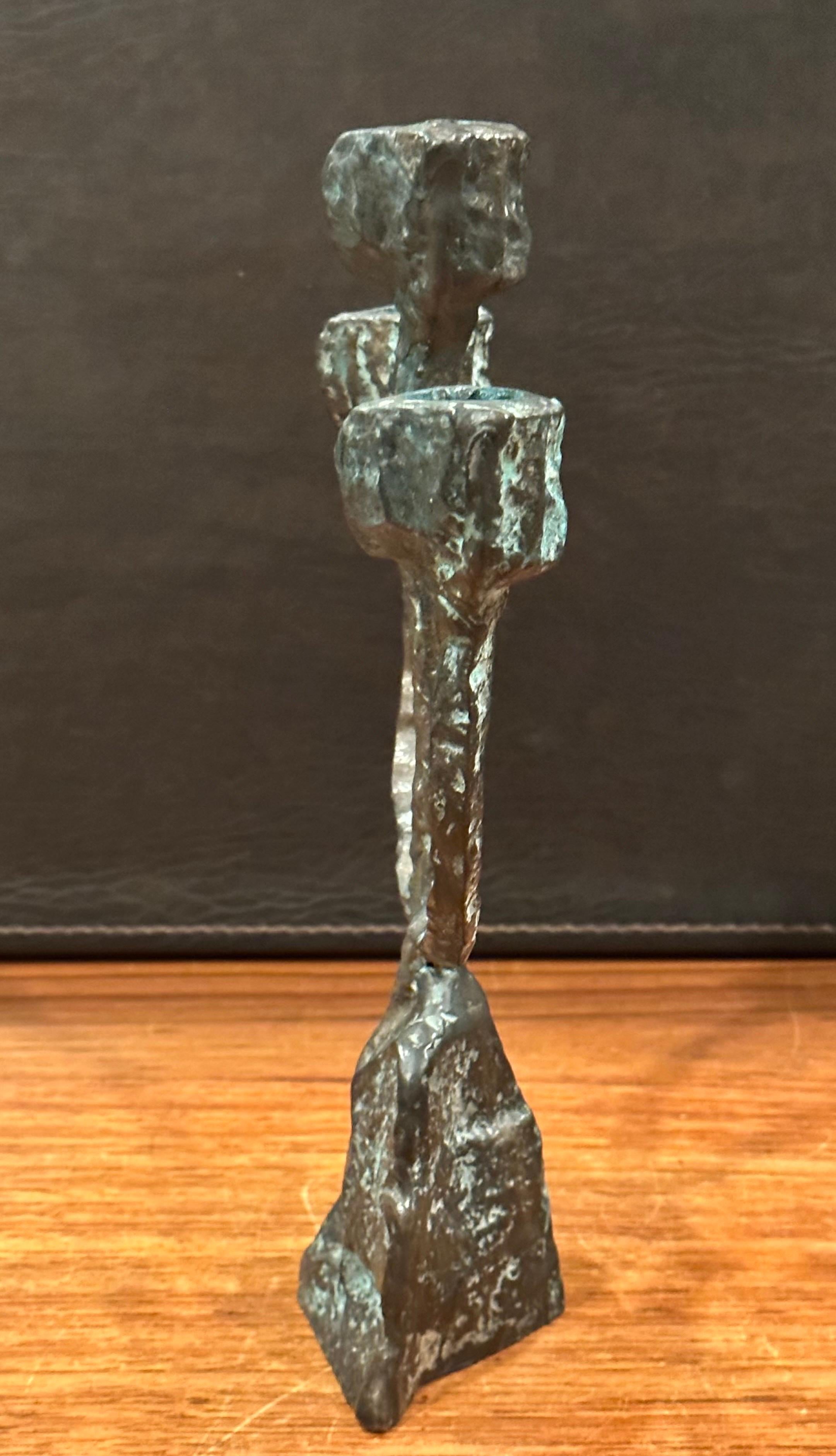 Patinated Bronze Brutalist Triple Candelabra in the Style of Paul Evans 1