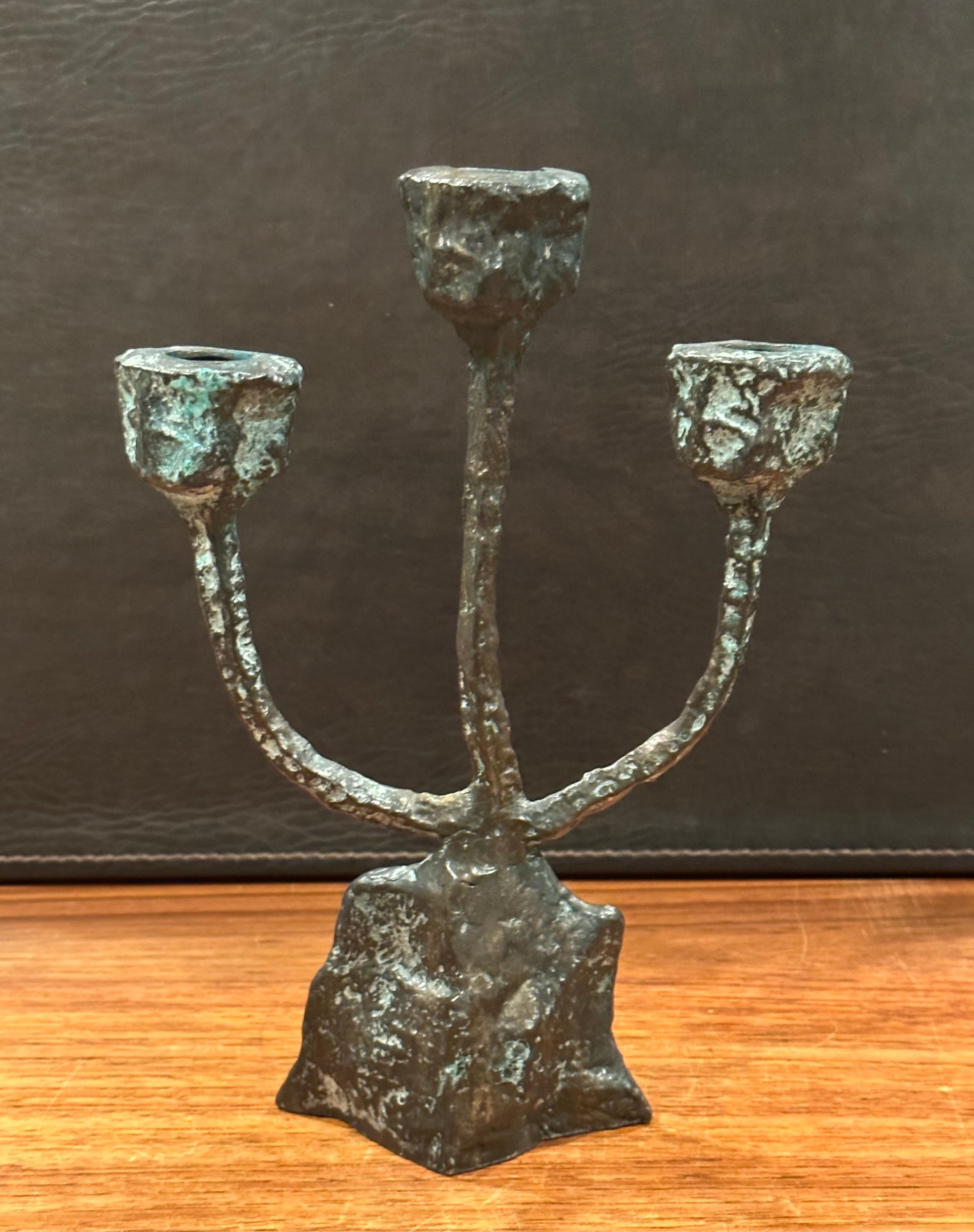 Patinated Bronze Brutalist Triple Candelabra in the Style of Paul Evans 3
