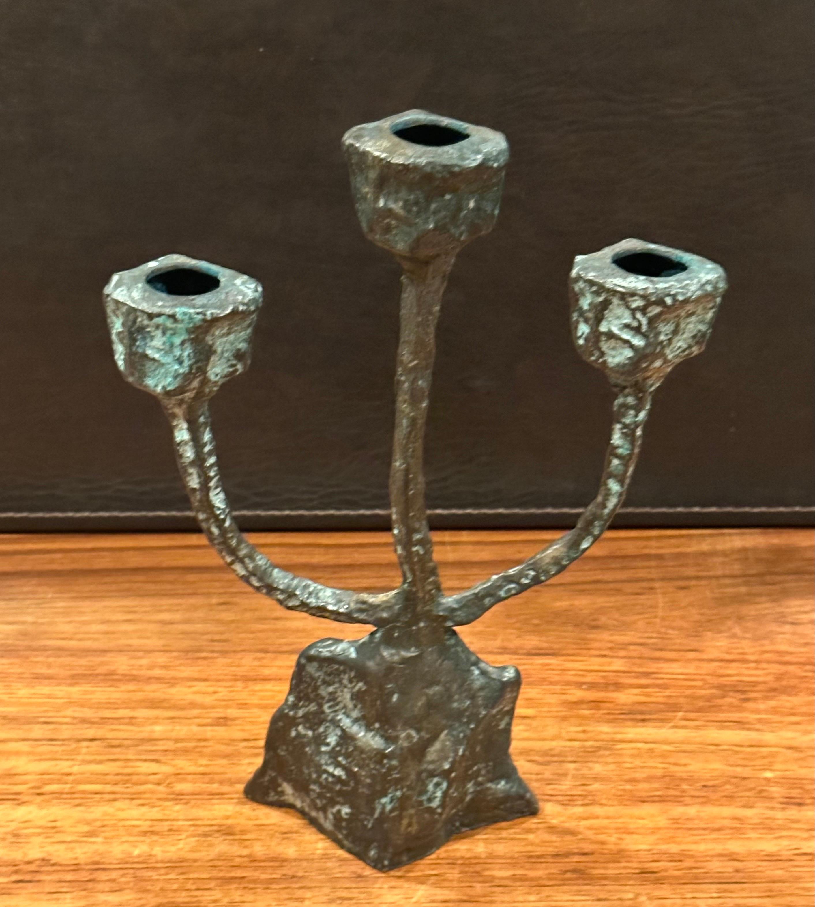 Patinated Bronze Brutalist Triple Candelabra in the Style of Paul Evans 4