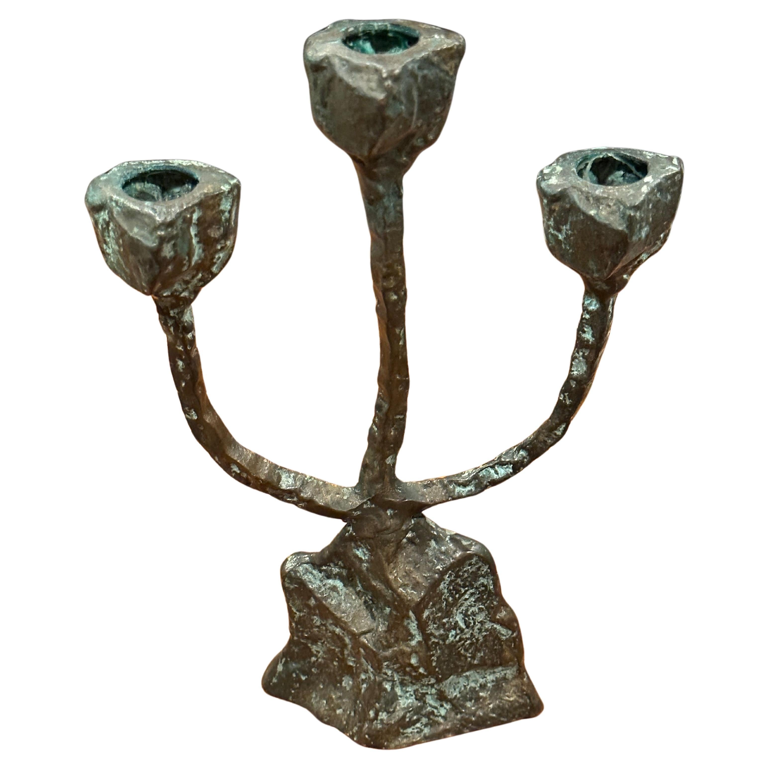 Patinated Bronze Brutalist Triple Candelabra in the Style of Paul Evans