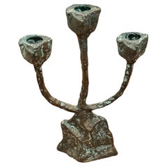 Patinated Bronze Brutalist Triple Candelabra in the Style of Paul Evans