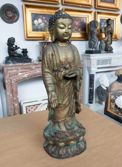 Patinated Bronze Buddha Sculpture with Lotus Base