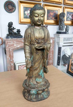 Patinated Bronze Buddha Sculpture with Lotus Base