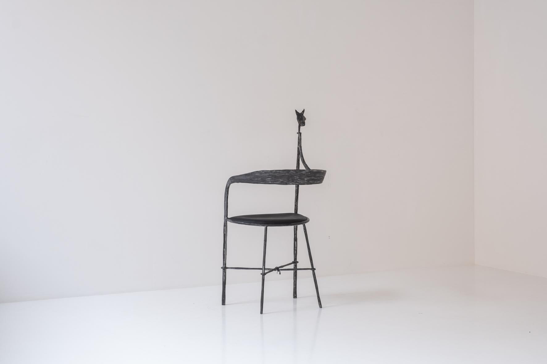 Mid-Century Modern Patinated iron chair sculpted in the manner of Diego Giacometti, Italy 1980s For Sale