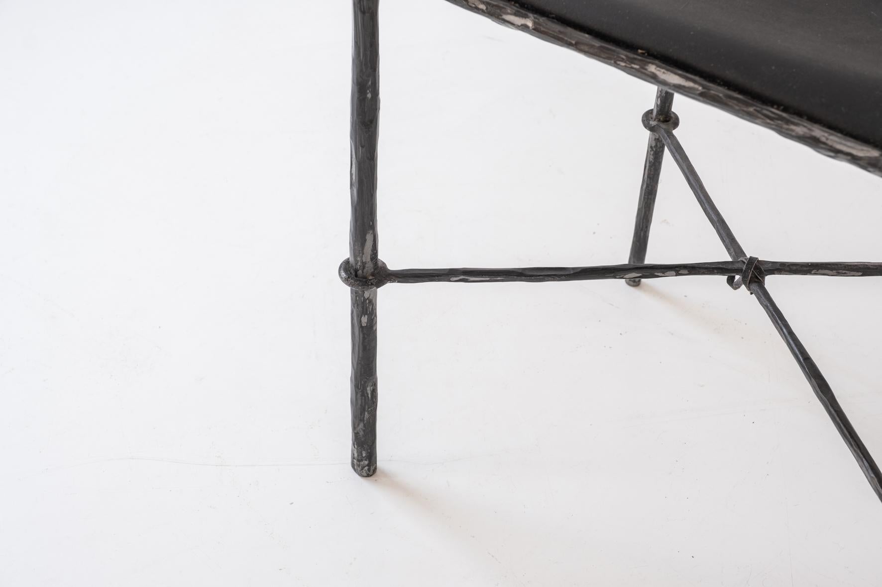 Leather Patinated iron chair sculpted in the manner of Diego Giacometti, Italy 1980s For Sale