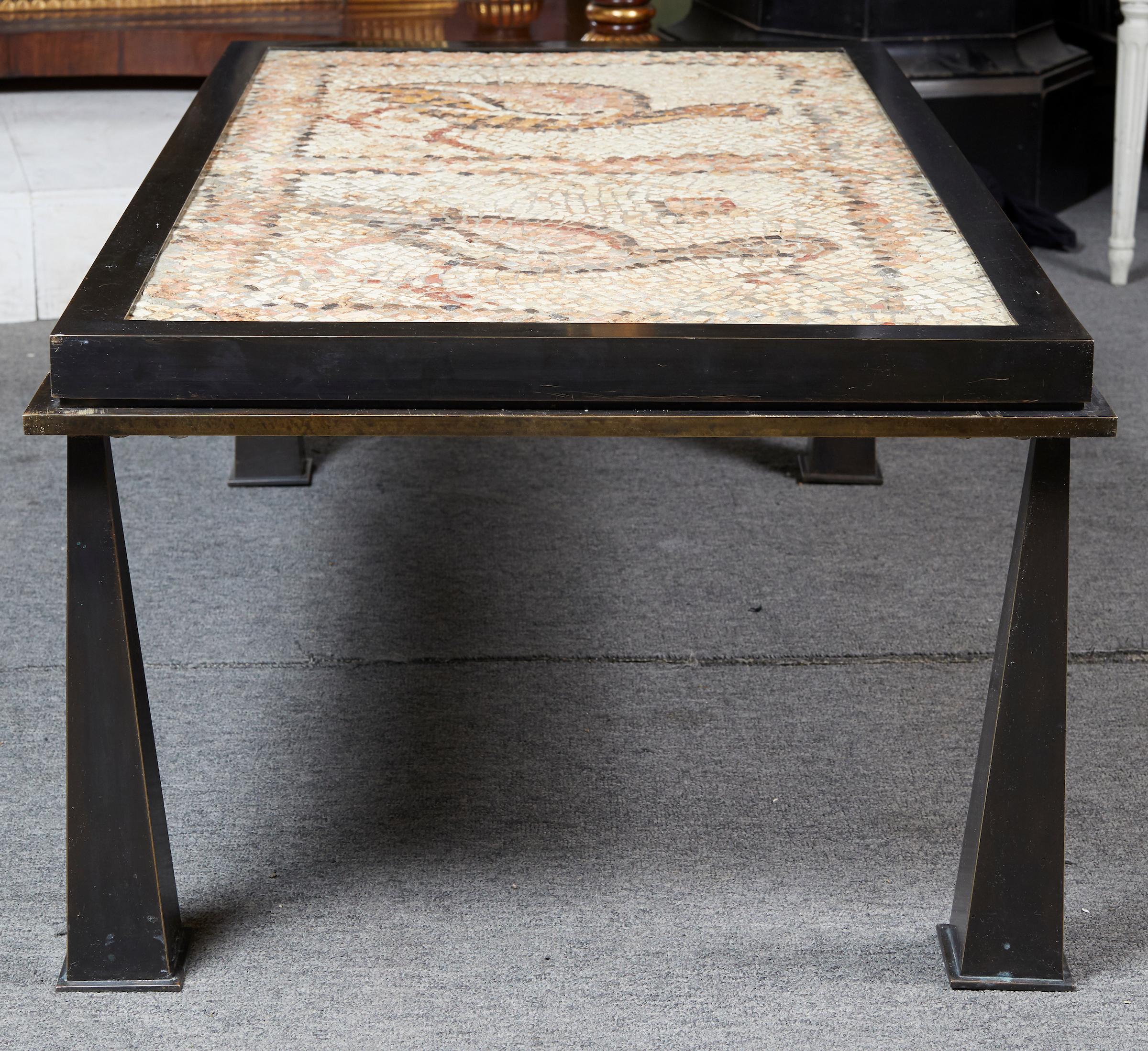 European Patinated Bronze Coffee Table Fitted with a Stone Mosaic Top For Sale