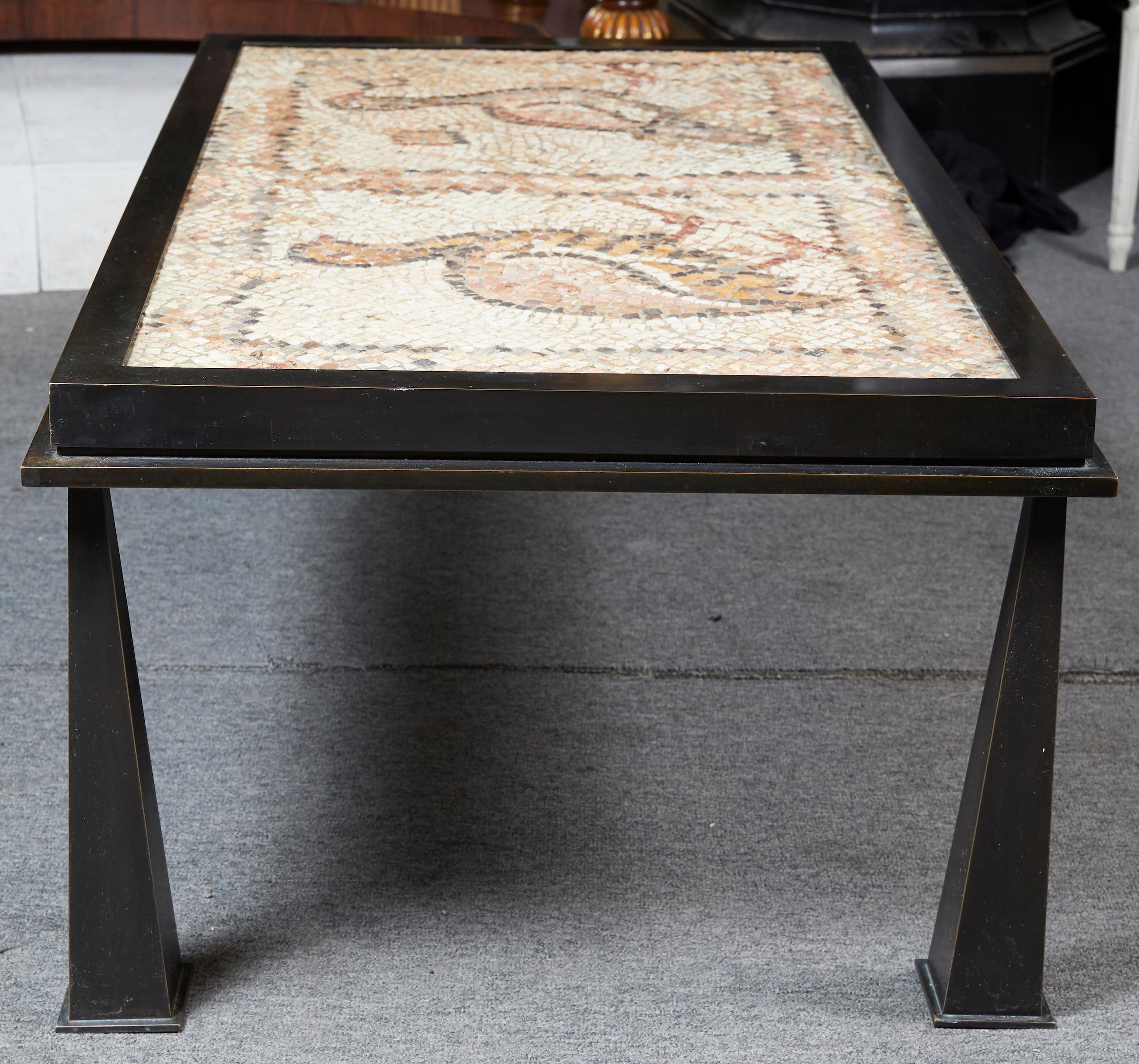 20th Century Patinated Bronze Coffee Table Fitted with a Stone Mosaic Top For Sale