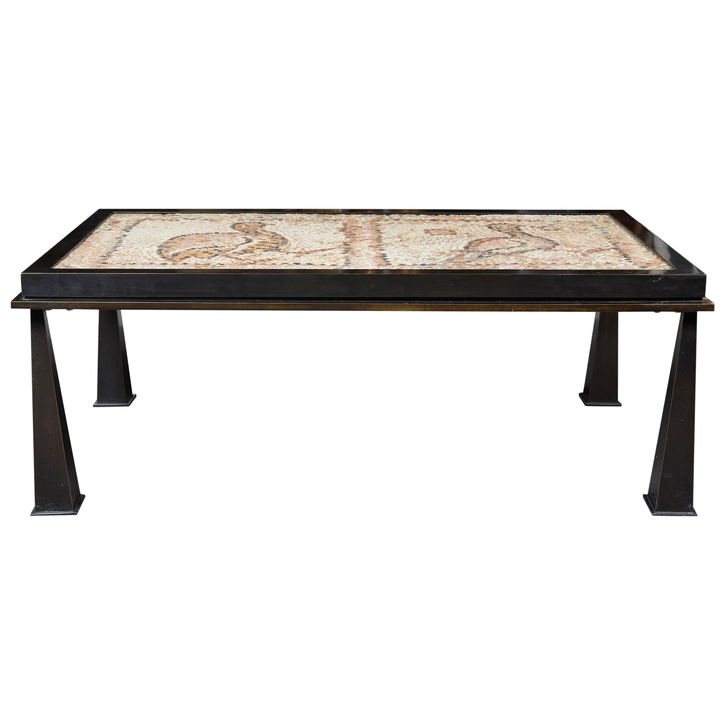 Patinated Bronze Coffee Table Fitted with a Stone Mosaic Top For Sale