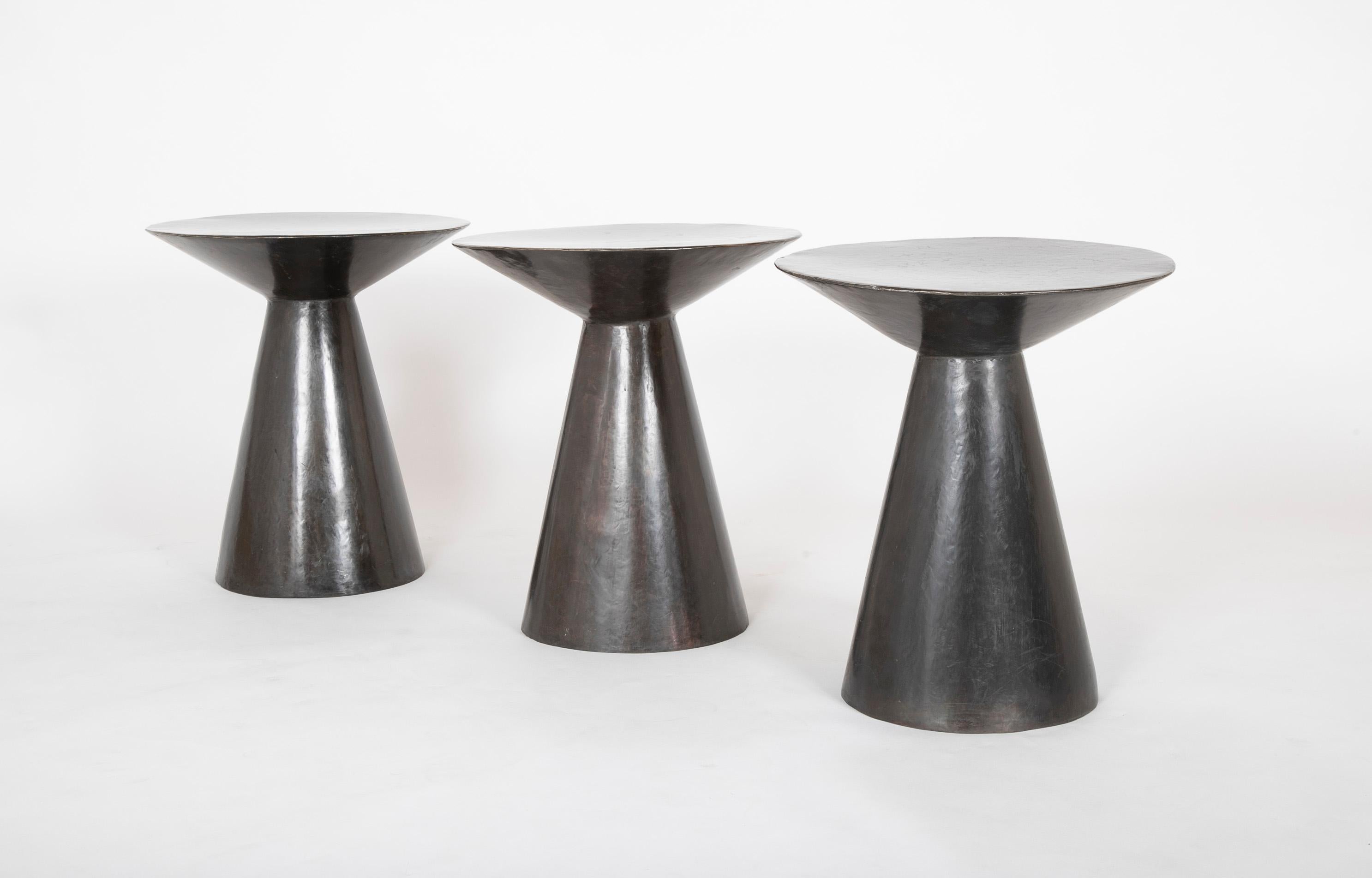 Late 20th century patinated bronze side tables deaccessioned from Lazard Banque. Produced in France.  Sold Individually.