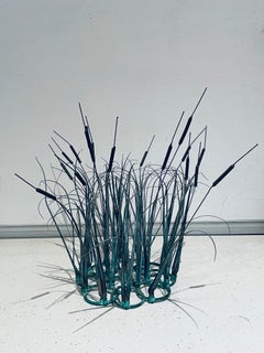 Patinated Bronze & Copper Cattail Sculpture Mid Century