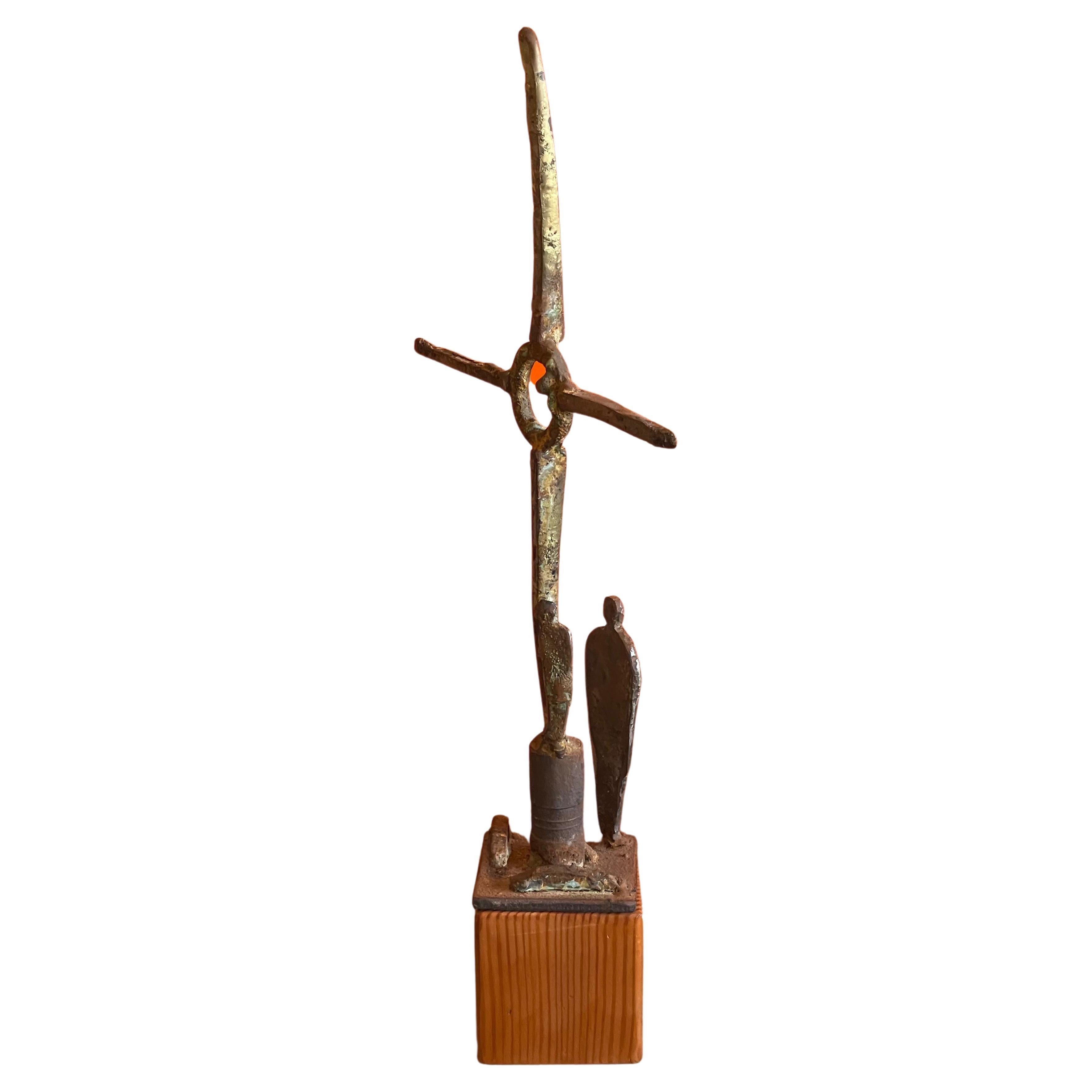 American Patinated Bronze Cross Sculpture on Wood Base by Greg Bressani For Sale