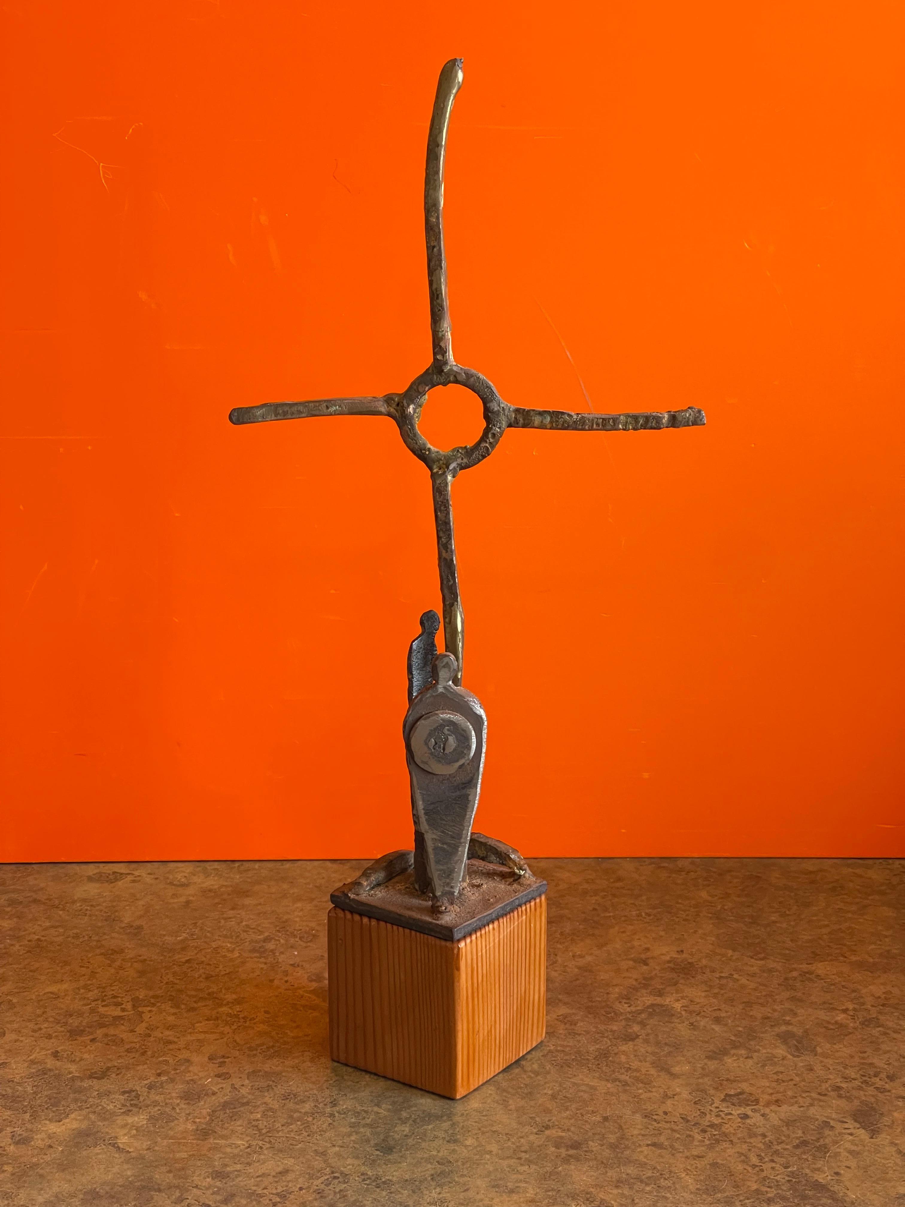 Contemporary Patinated Bronze Cross Sculpture on Wood Base by Greg Bressani For Sale