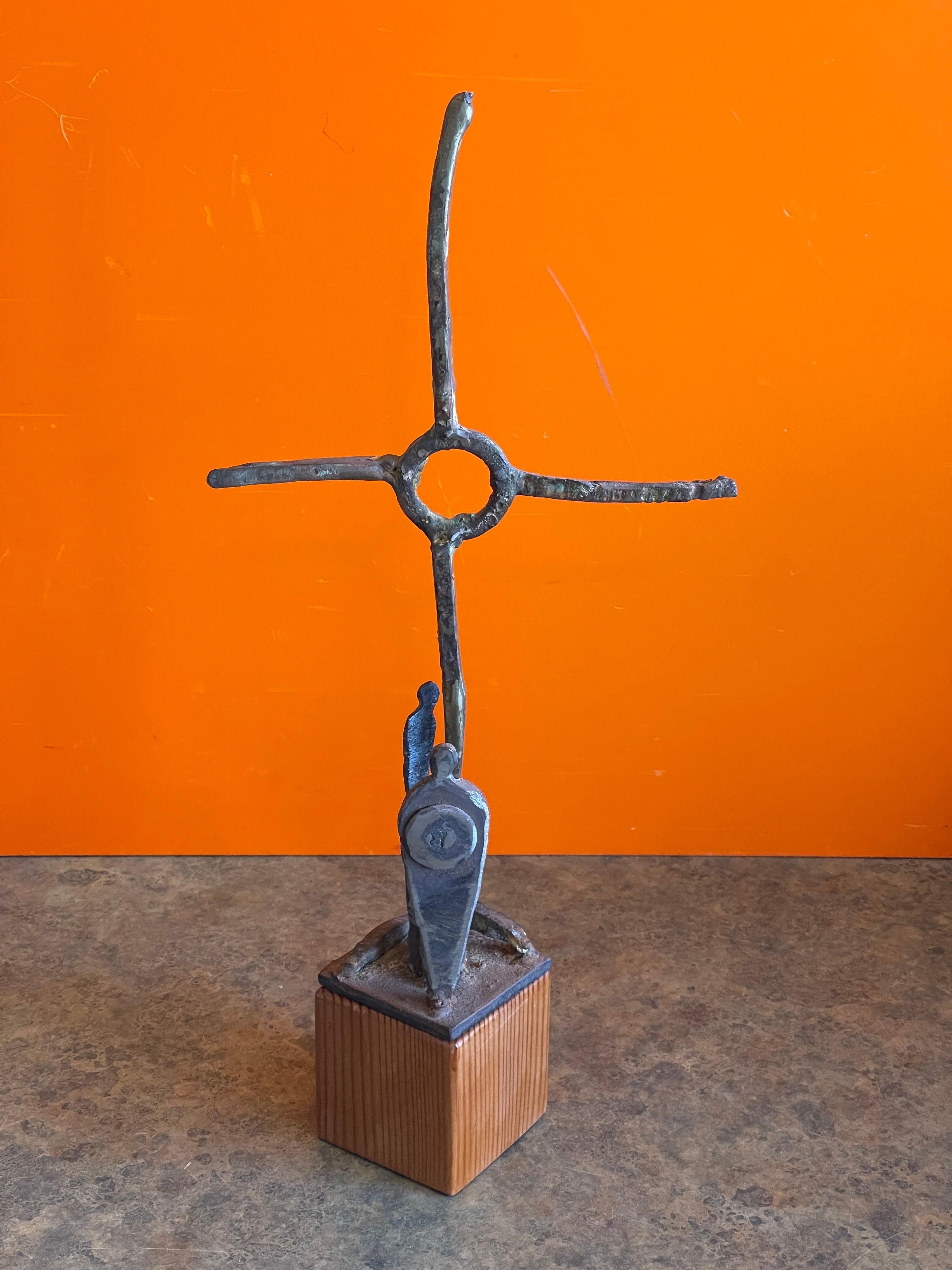 Patinated Bronze Cross Sculpture on Wood Base by Greg Bressani For Sale 1