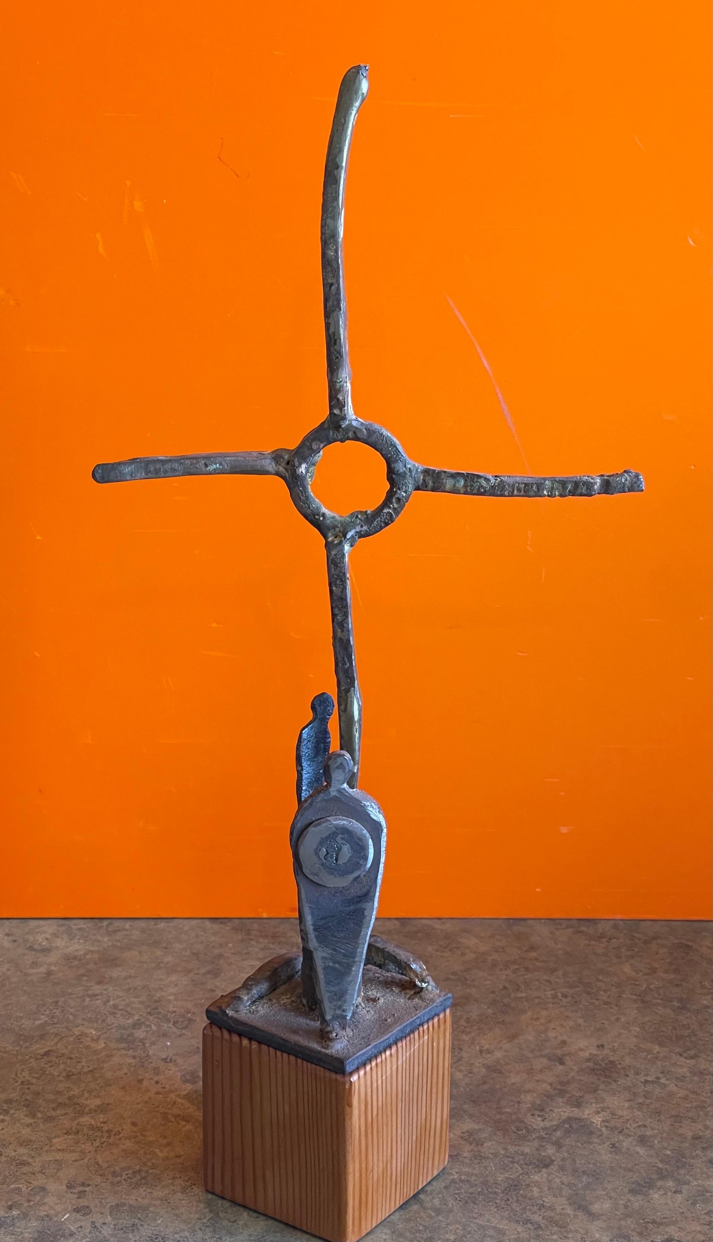 Patinated Bronze Cross Sculpture on Wood Base by Greg Bressani For Sale 2