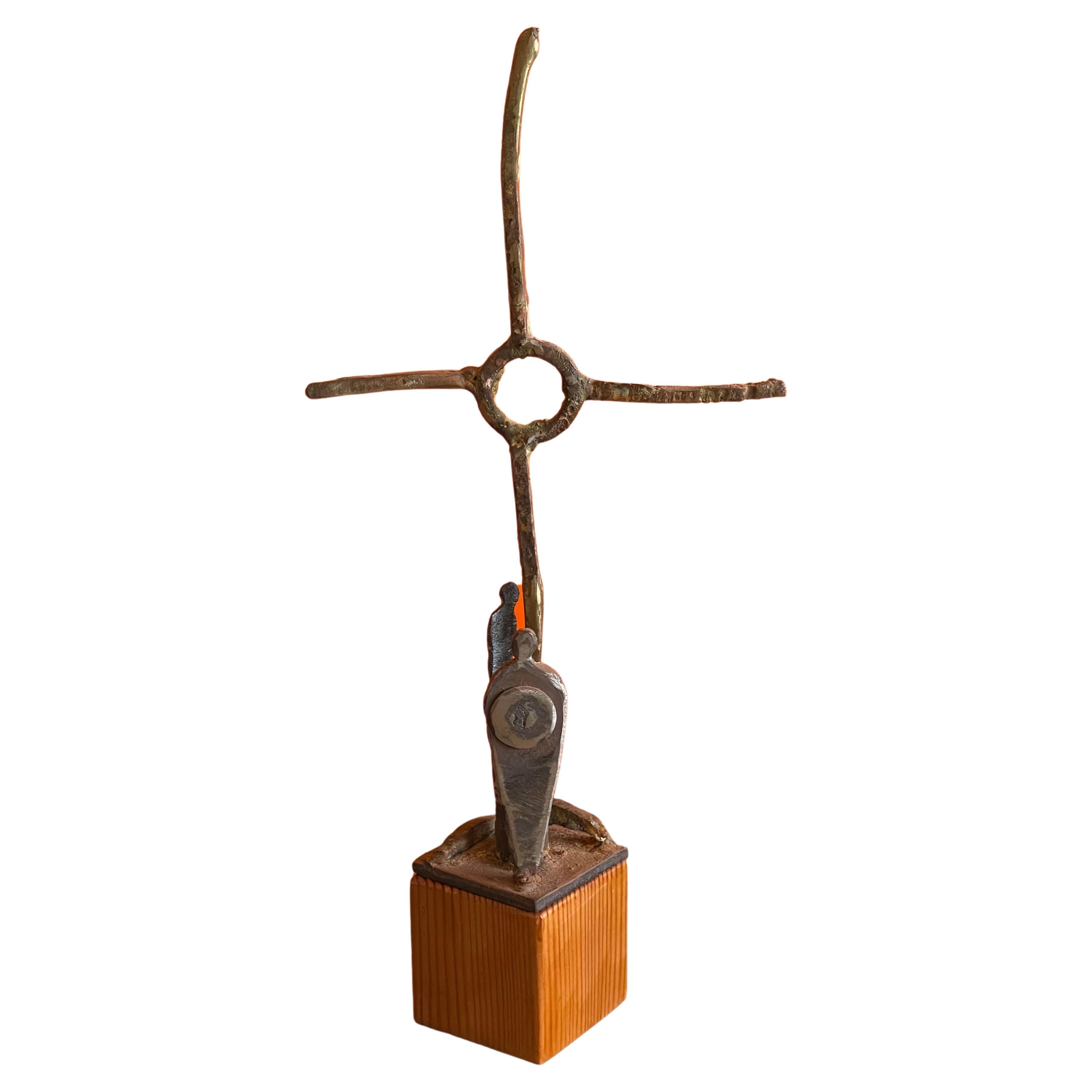 Patinated Bronze Cross Sculpture on Wood Base by Greg Bressani For Sale