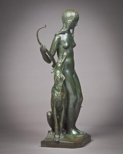 Patinated Bronze Figural Group of Diana the Huntress and Her Hound, circa 1925