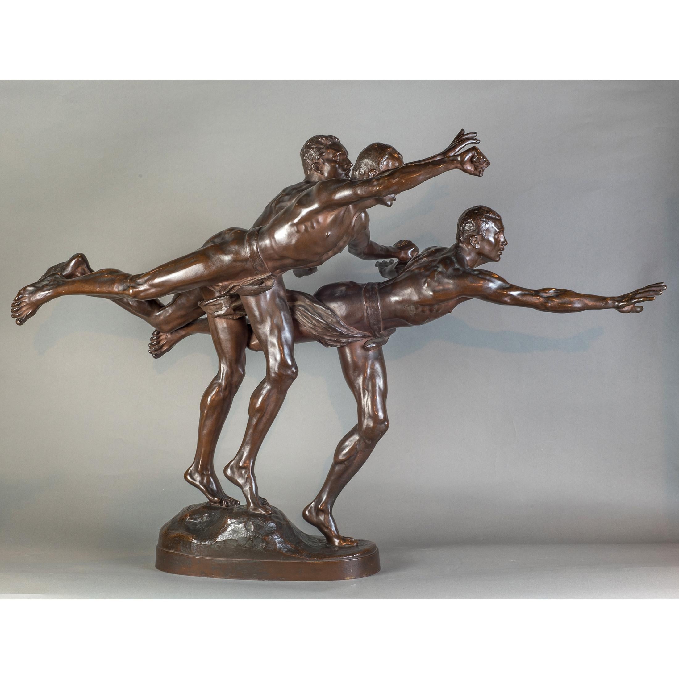 French Patinated Bronze Figural Group Sculpture Entitled 'Au But' by Alfred Bucher For Sale