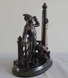 Patinated Bronze Figural Thermometer of a Medieval Youth and His Hound