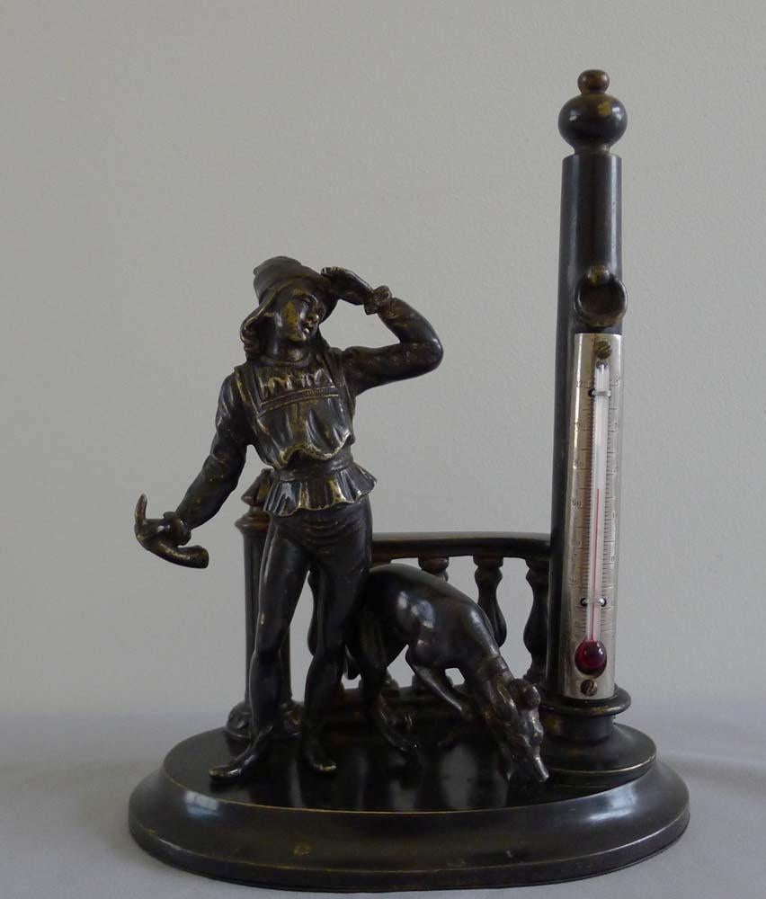 English Patinated Bronze Figural Thermometer of a Medieval Youth and His Hound For Sale