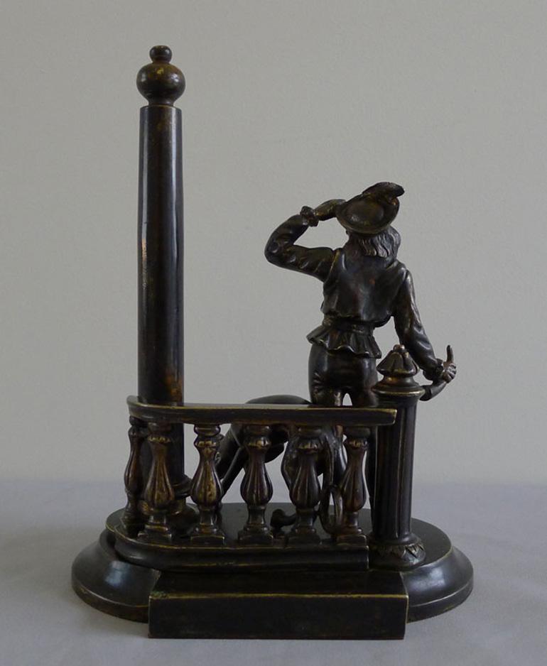 Patinated Bronze Figural Thermometer of a Medieval Youth and His Hound In Good Condition For Sale In London, GB