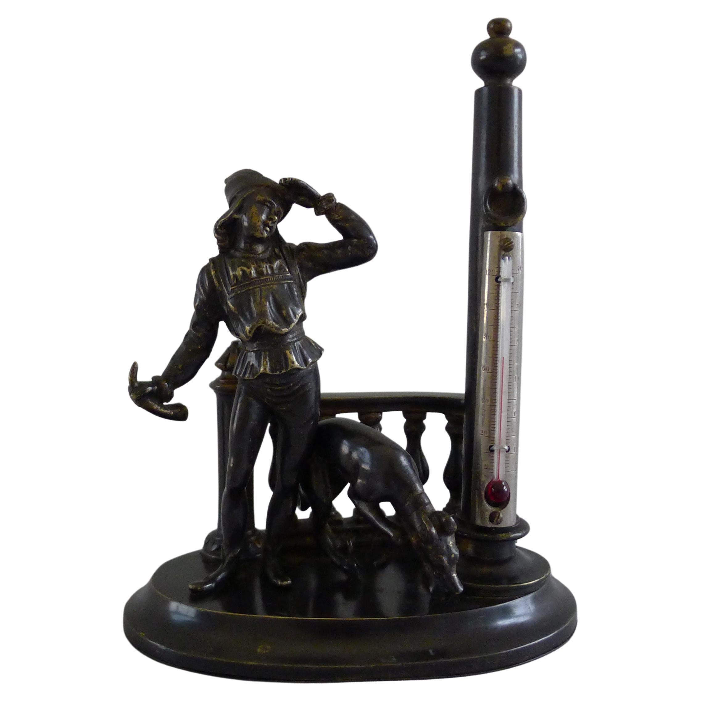 Patinated Bronze Figural Thermometer of a Medieval Youth and His Hound For Sale