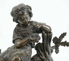 Patinated Bronze Figurative Sculpture Girl with Bird Egg & Nest, 19th Century