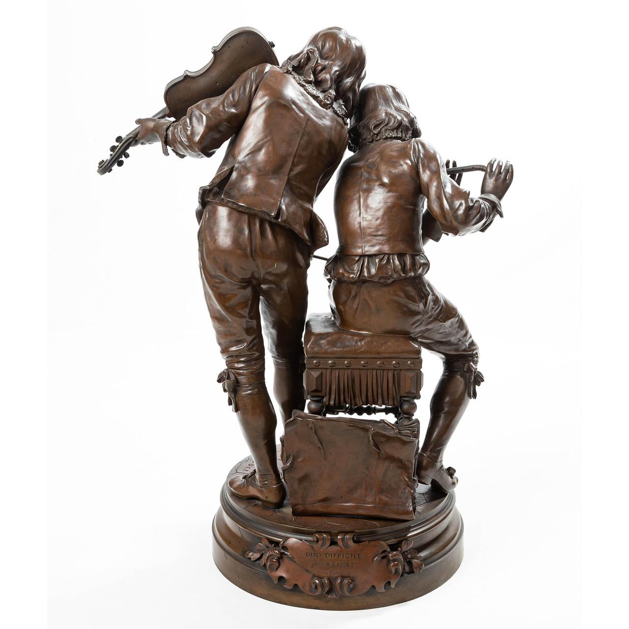 Romantique Groupe de figures en bronze patiné Duo Difficile d'Adrien-Etienne Gaudez  en vente