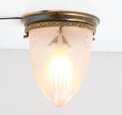 Patinated Bronze French Art Nouveau Cut Blown Glass Flush Mount Ceiling Light