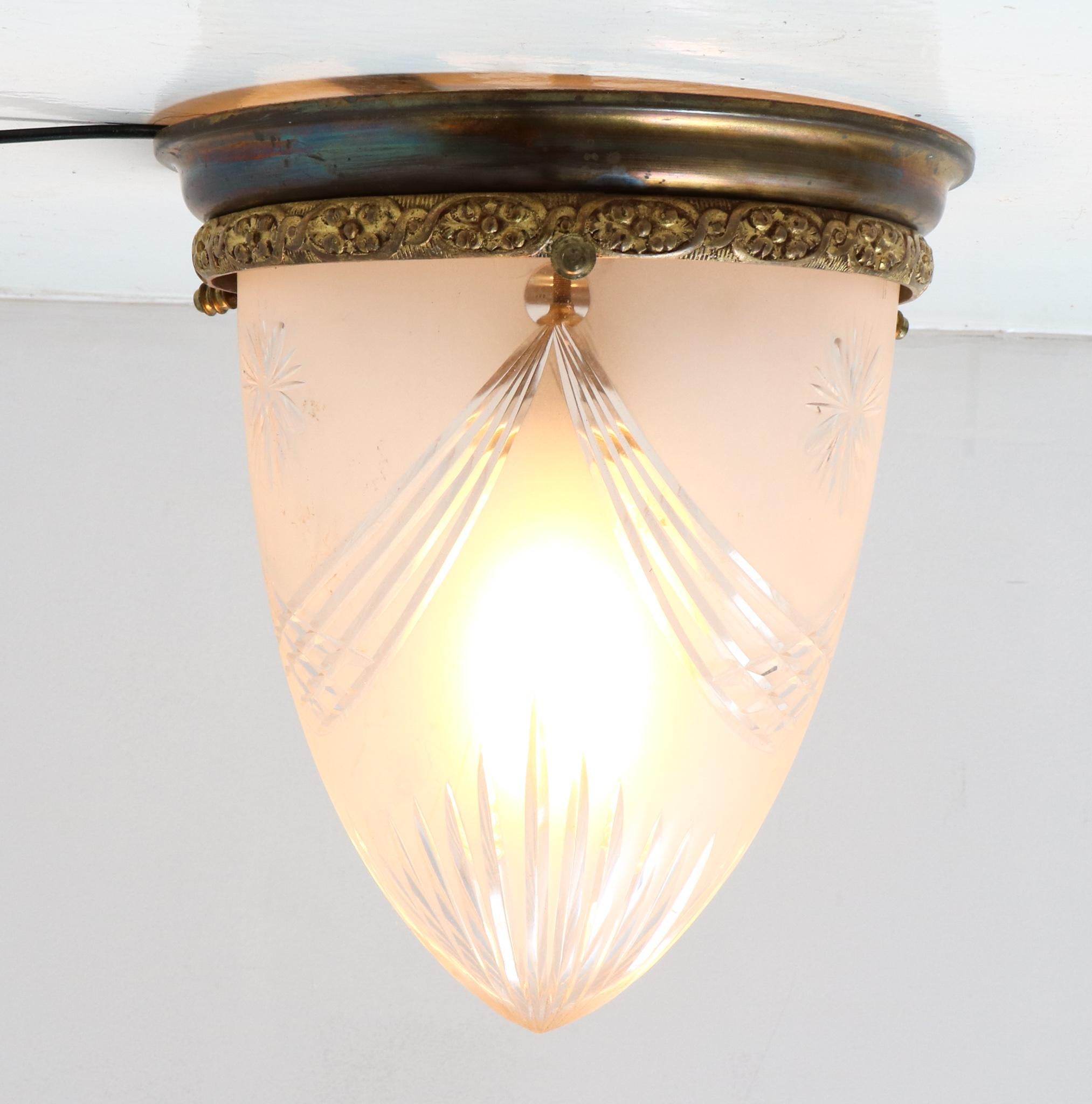 Dutch Patinated Bronze French Art Nouveau Cut Blown Glass Flush Mount Ceiling Light