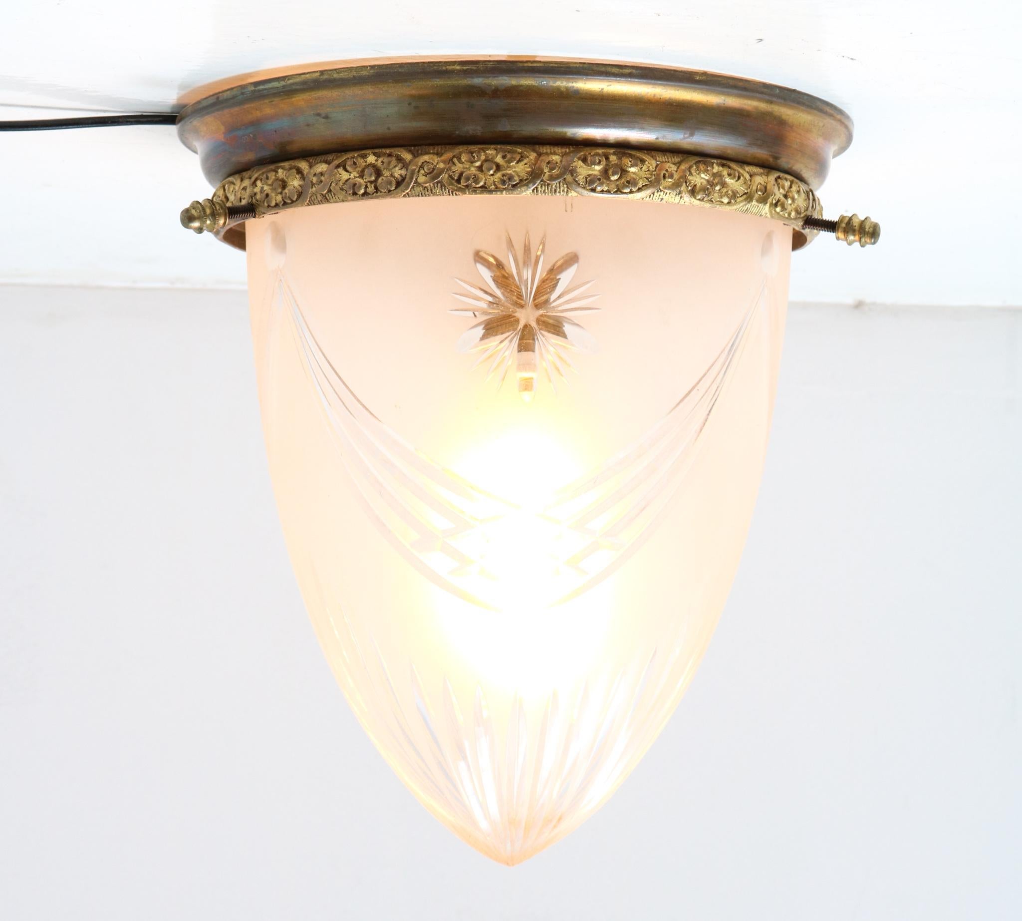 Patinated Bronze French Art Nouveau Cut Blown Glass Flush Mount Ceiling Light In Good Condition In Amsterdam, NL