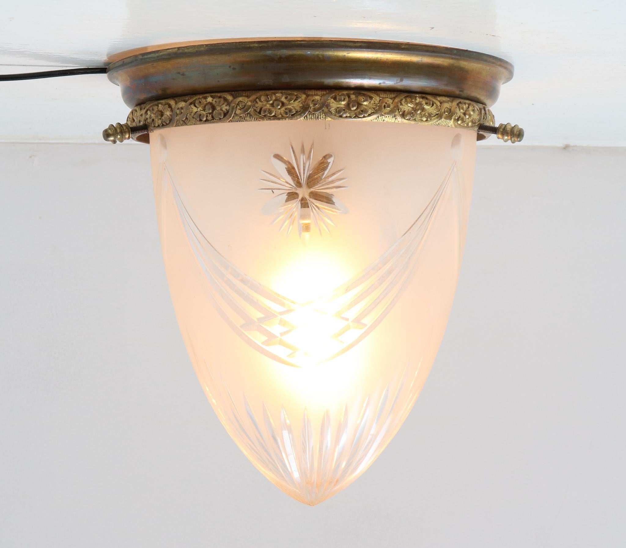 Early 20th Century Patinated Bronze French Art Nouveau Cut Blown Glass Flush Mount Ceiling Light