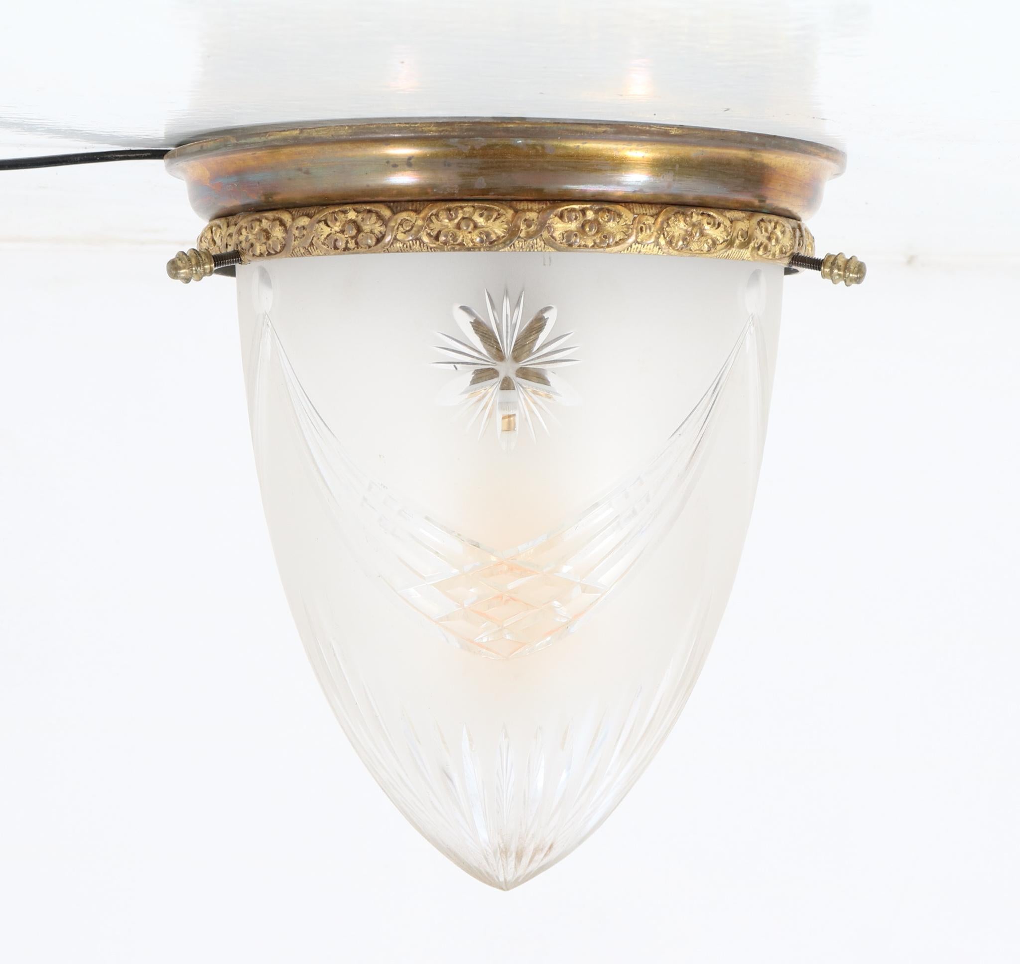 Patinated Bronze French Art Nouveau Cut Blown Glass Flush Mount Ceiling Light 1