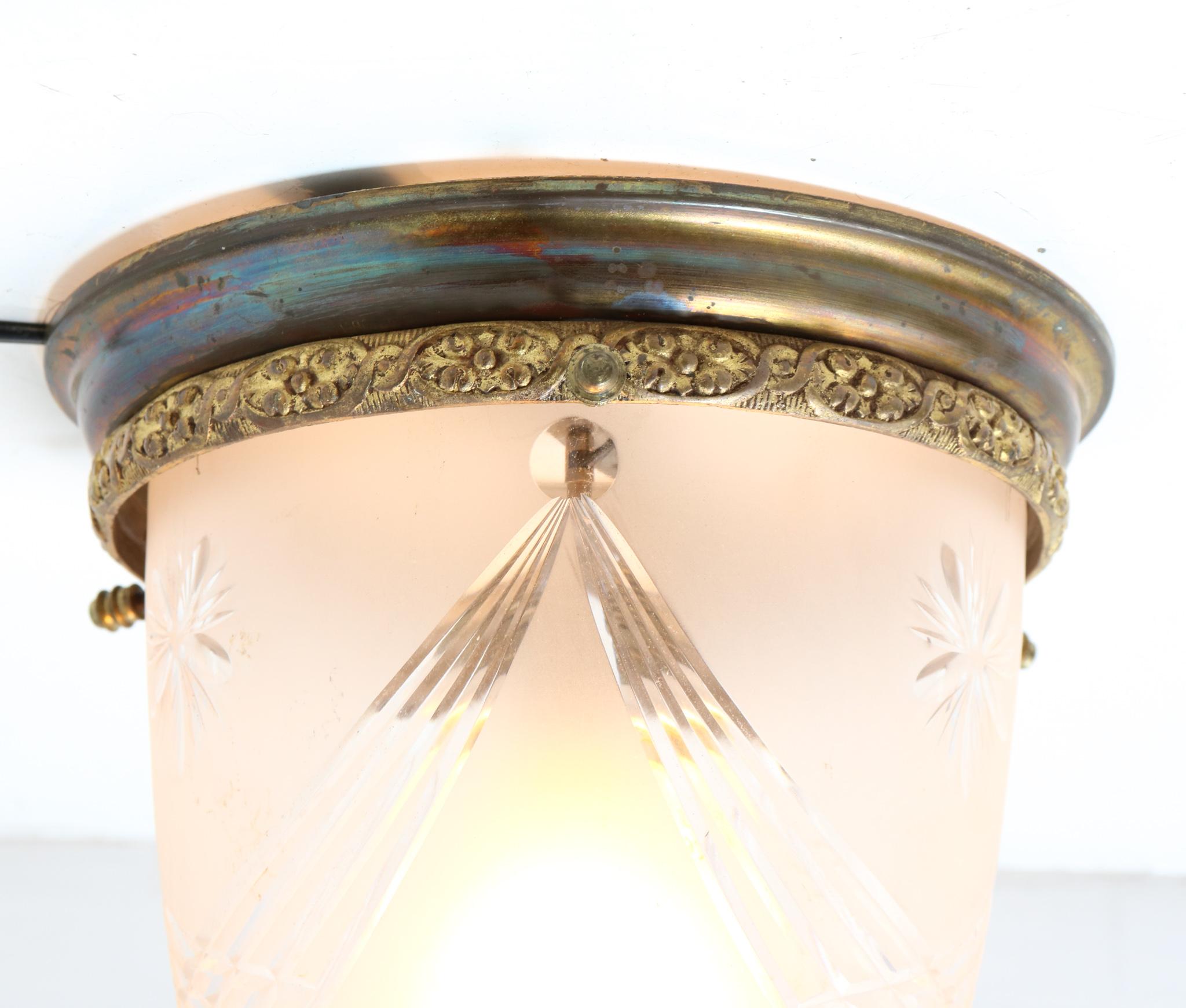 Patinated Bronze French Art Nouveau Cut Blown Glass Flush Mount Ceiling Light 3