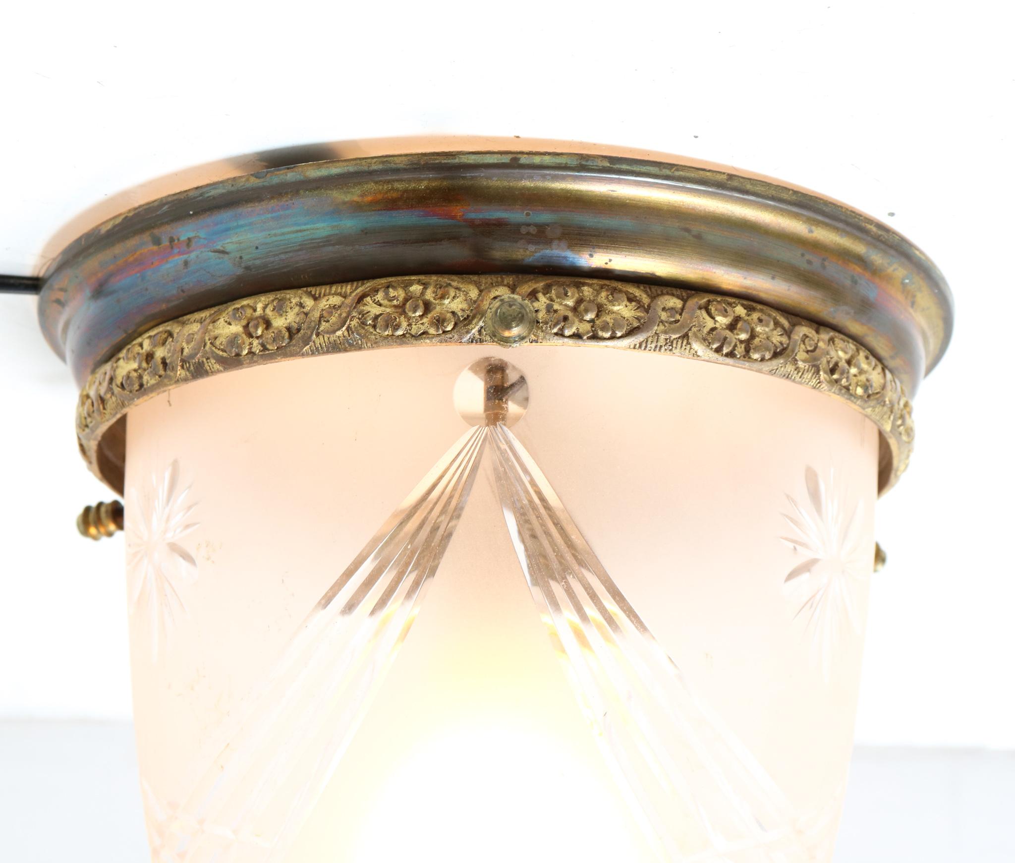 Patinated Bronze French Art Nouveau Cut Blown Glass Flush Mount Ceiling Light 4