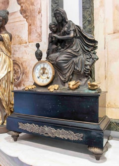 Patinated Bronze French Mantel Clock with Mother and Child Figure.