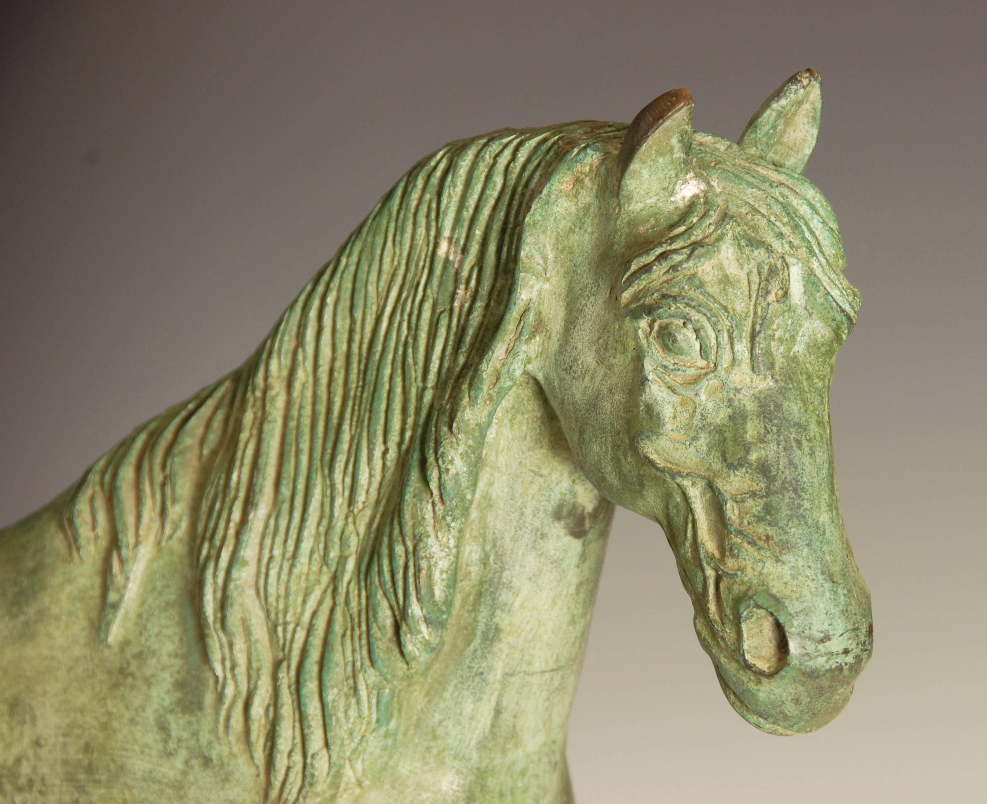 Large patinated bronze stallion, possible makers mark or signature on neck but no foundry stamp.
Mid-late 20th century. 

Price includes free shipping to anywhere in the world.


 
