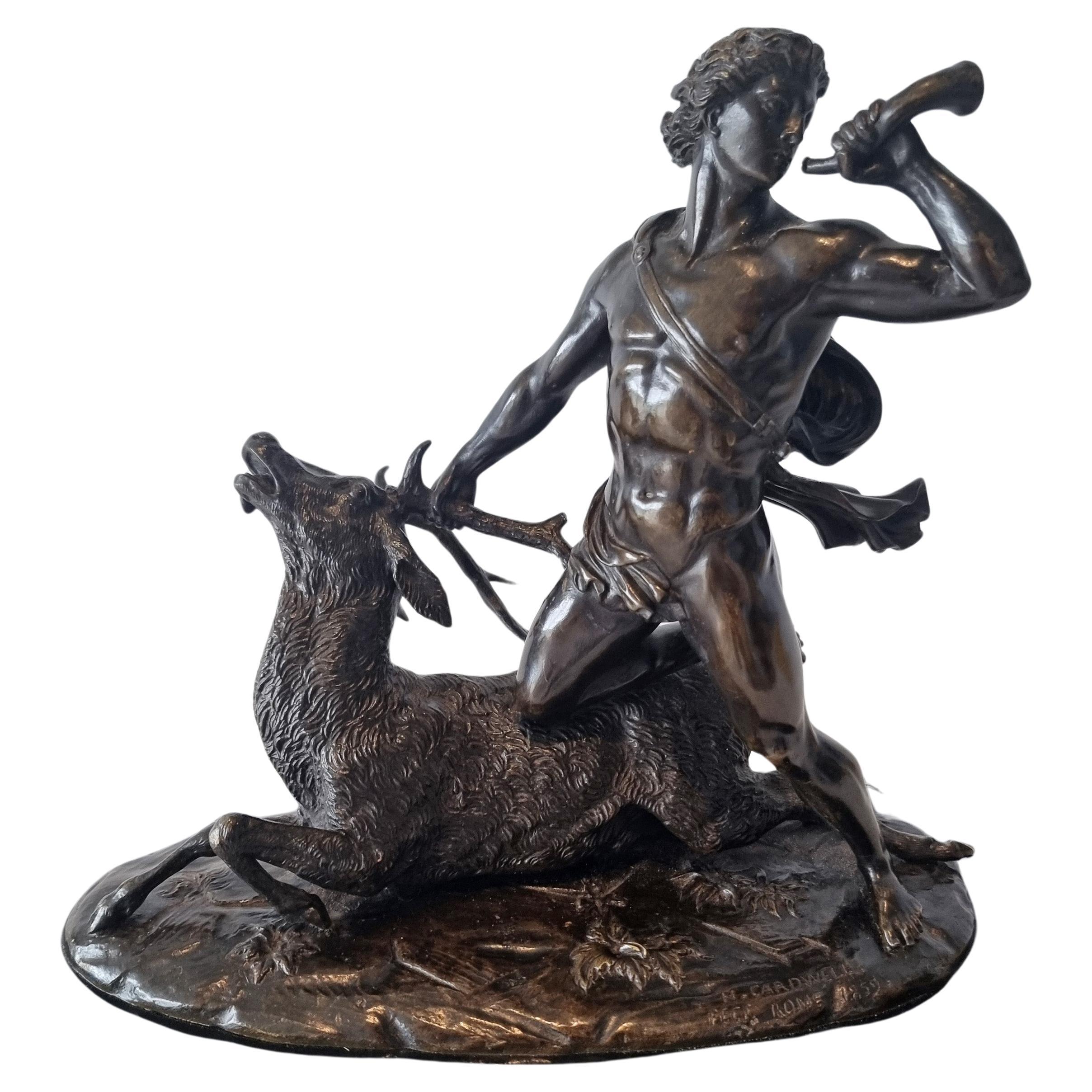 Modello in bronzo patinato di un cacciatore e di un cervo di Holme Cardwell in vendita