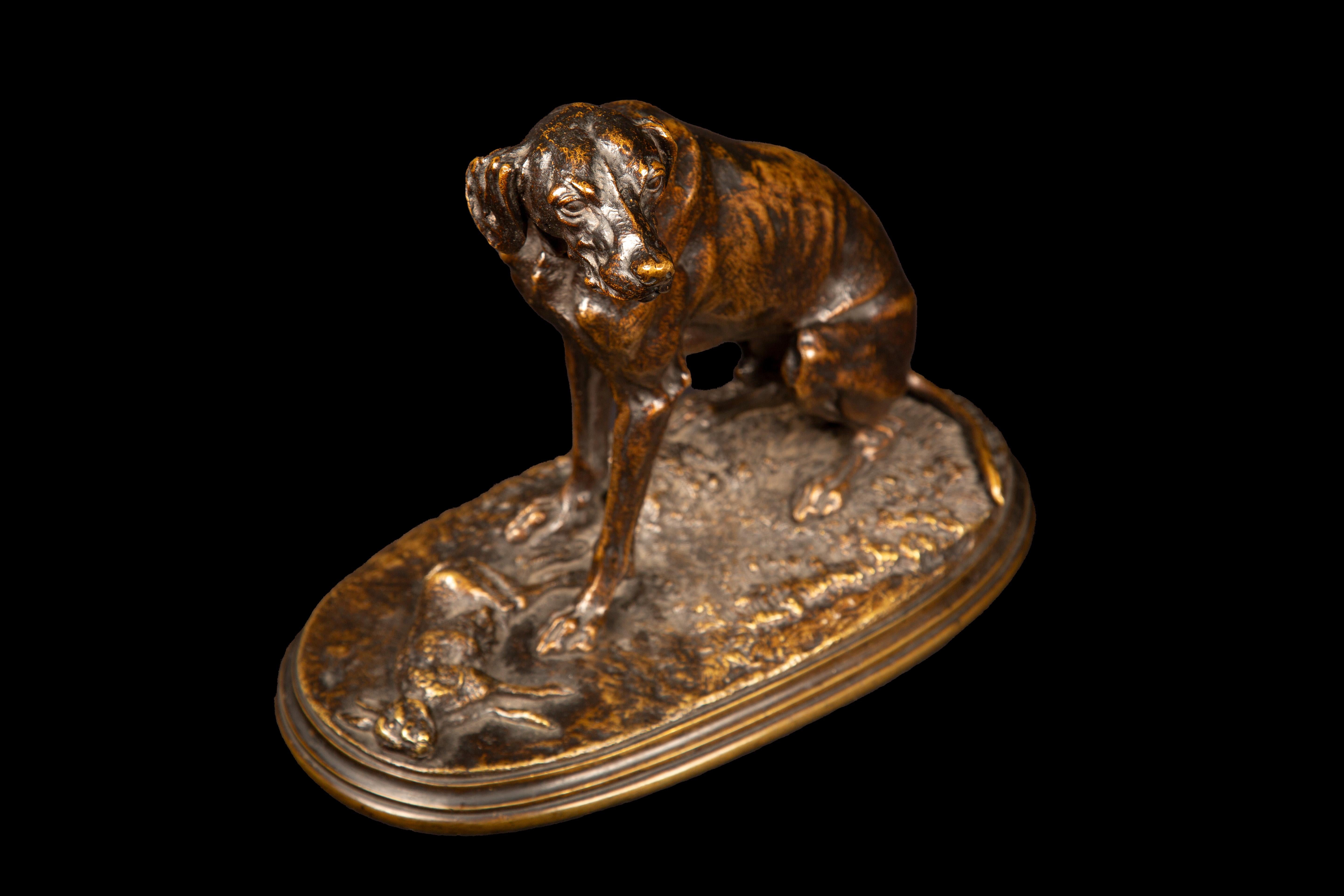 Patinated Bronze Of a Hunting Dog Having brought back its Hare For Sale 1