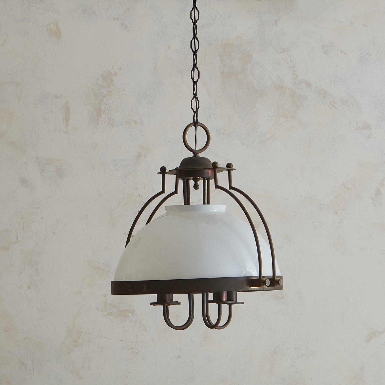 French Patinated Bronze + Opaline Glass Pendant Light, France 1970s For Sale