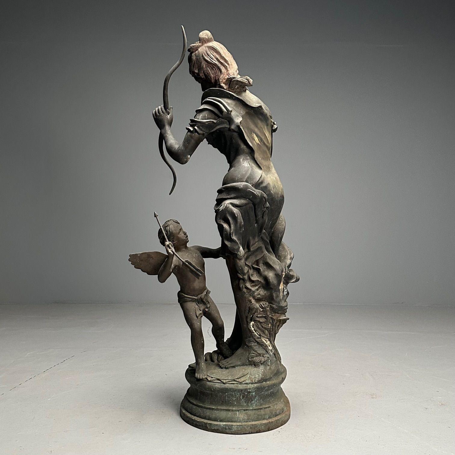 20ième siècle Statue d'extérieur en bronze patiné, Vénus et Cupidon, Sculpture grandeur nature en vente